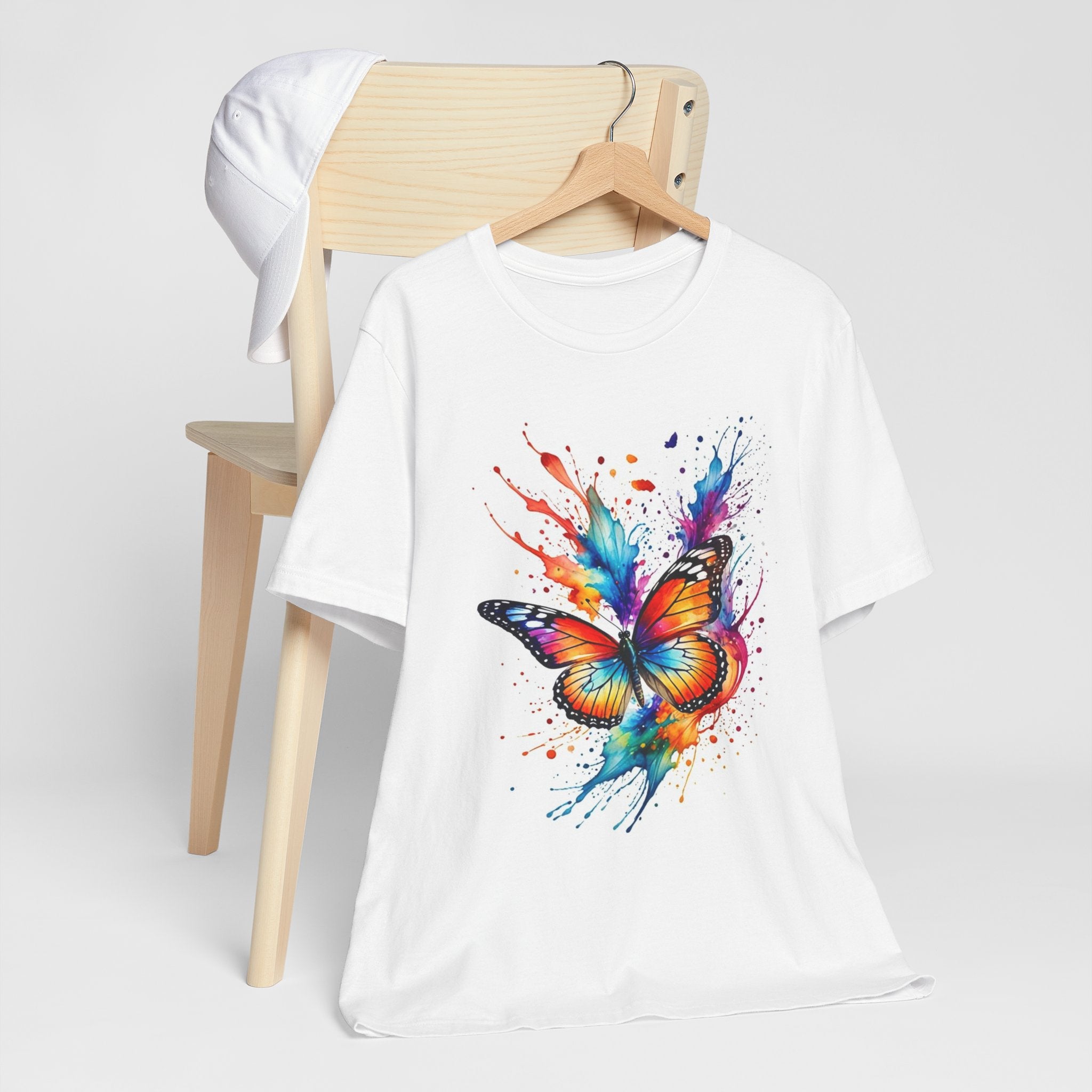 Butterfly & Floral Bike T‑Shirt — Colorful Watercolor Butterfly Front, Flower Basket Bicycle Back Tee