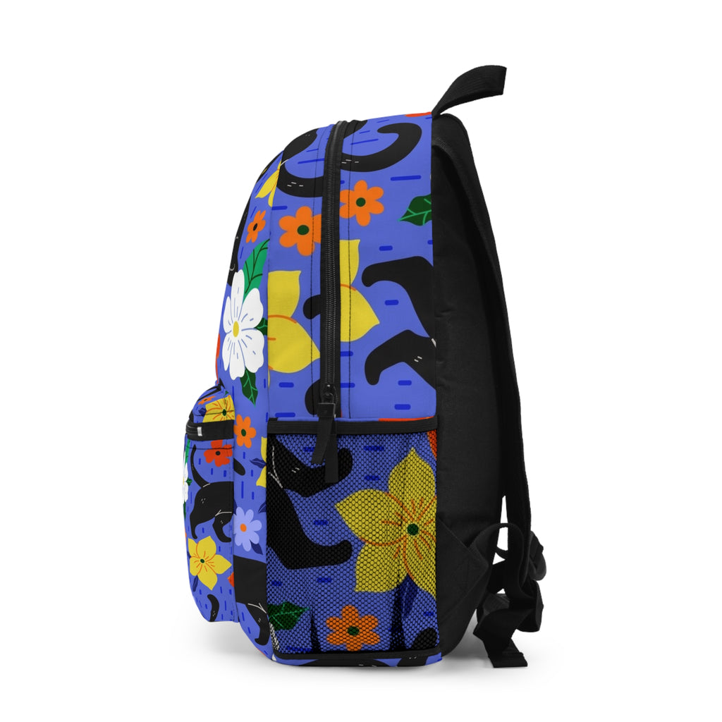 Black Cat Floral Backpack — Cute Cat Pattern School & Daypack