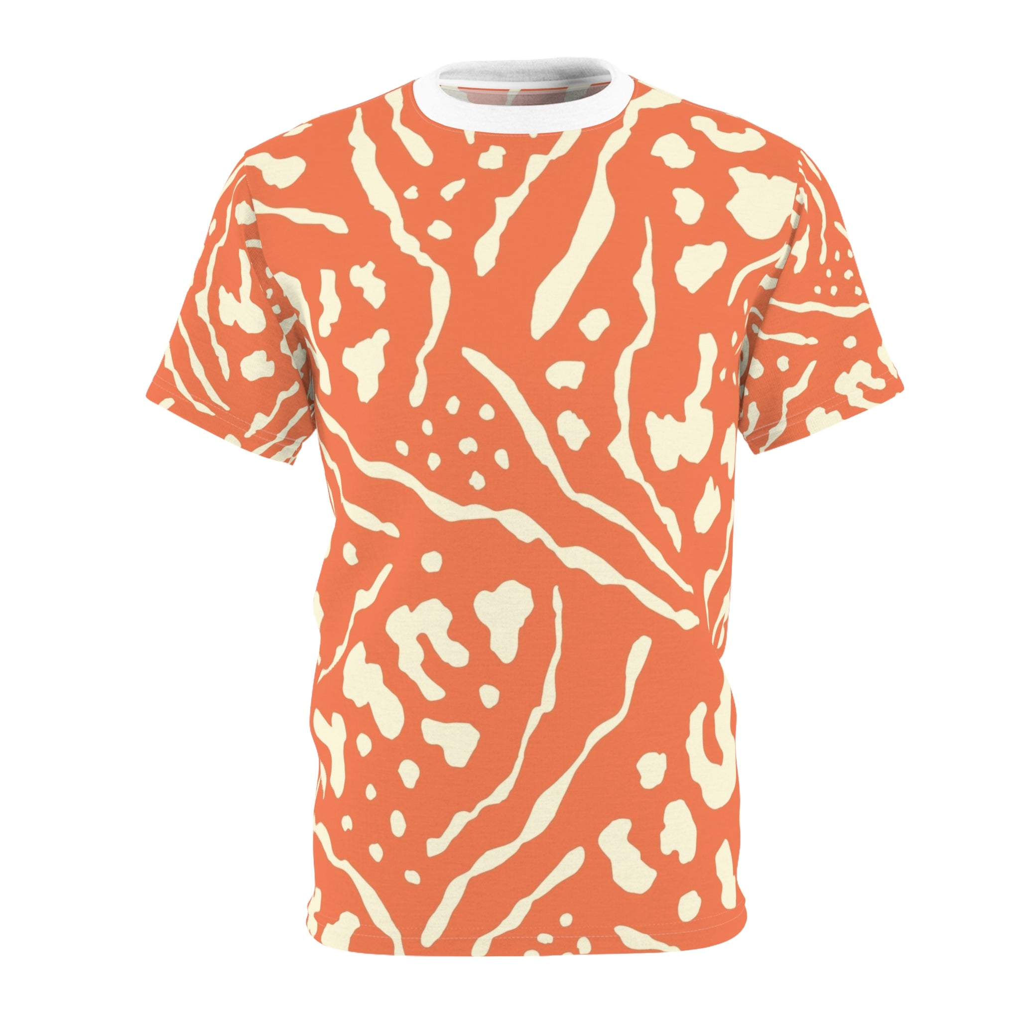 All-Over Coral Abstract Pattern Tee — Vibrant Orange Tribal Print Shirt