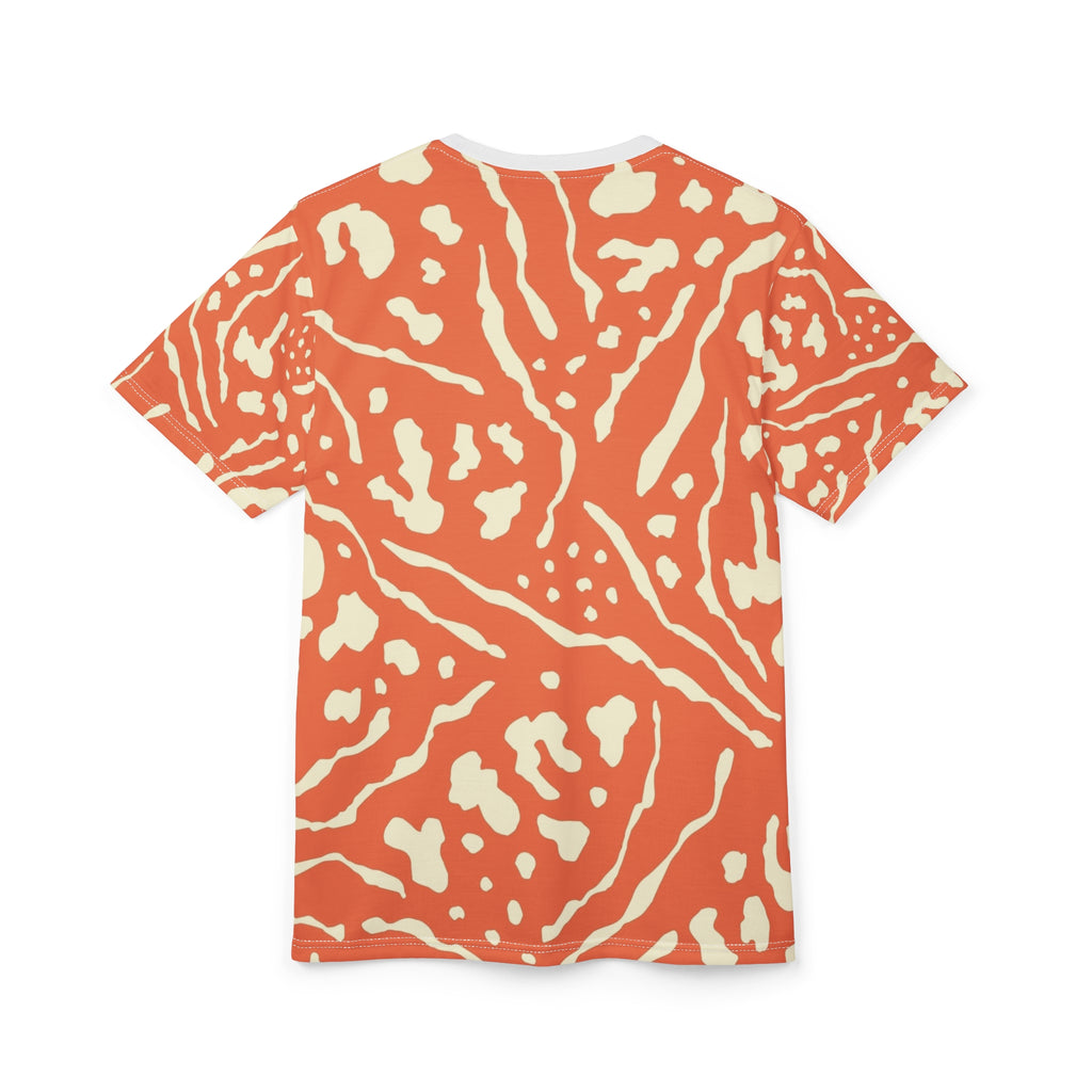 All-Over Coral Abstract Pattern Tee — Vibrant Orange Tribal Print Shirt