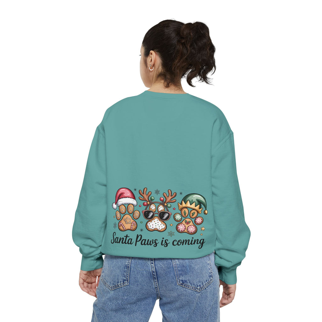 Christmas Pet Sweatshirt — "Santa Paws Is Coming" Paw Print Holiday Crewneck