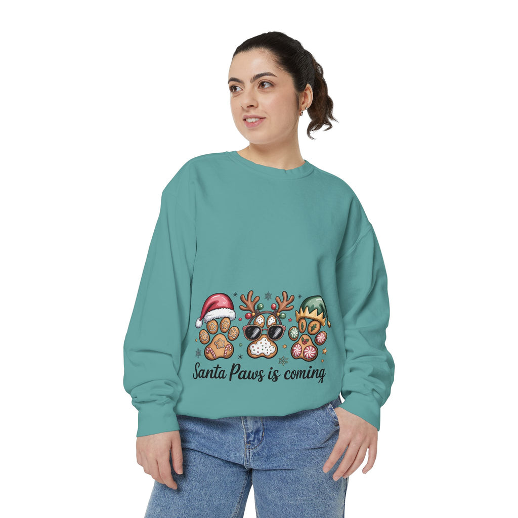 Christmas Pet Sweatshirt — "Santa Paws Is Coming" Paw Print Holiday Crewneck