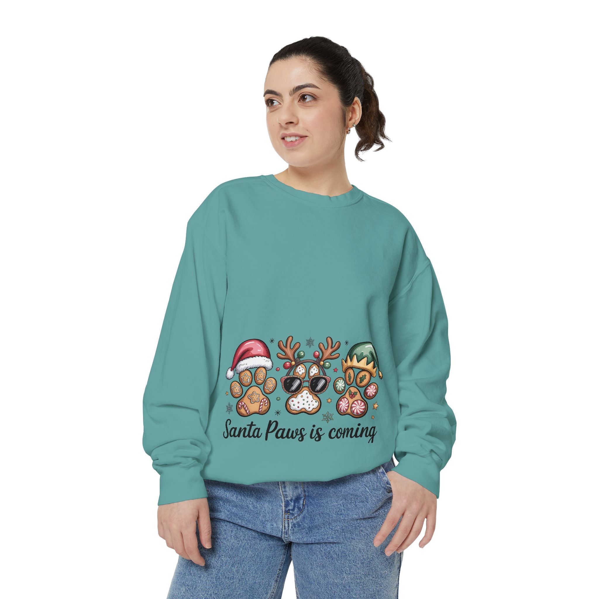 Christmas Pet Sweatshirt — "Santa Paws Is Coming" Paw Print Holiday Crewneck