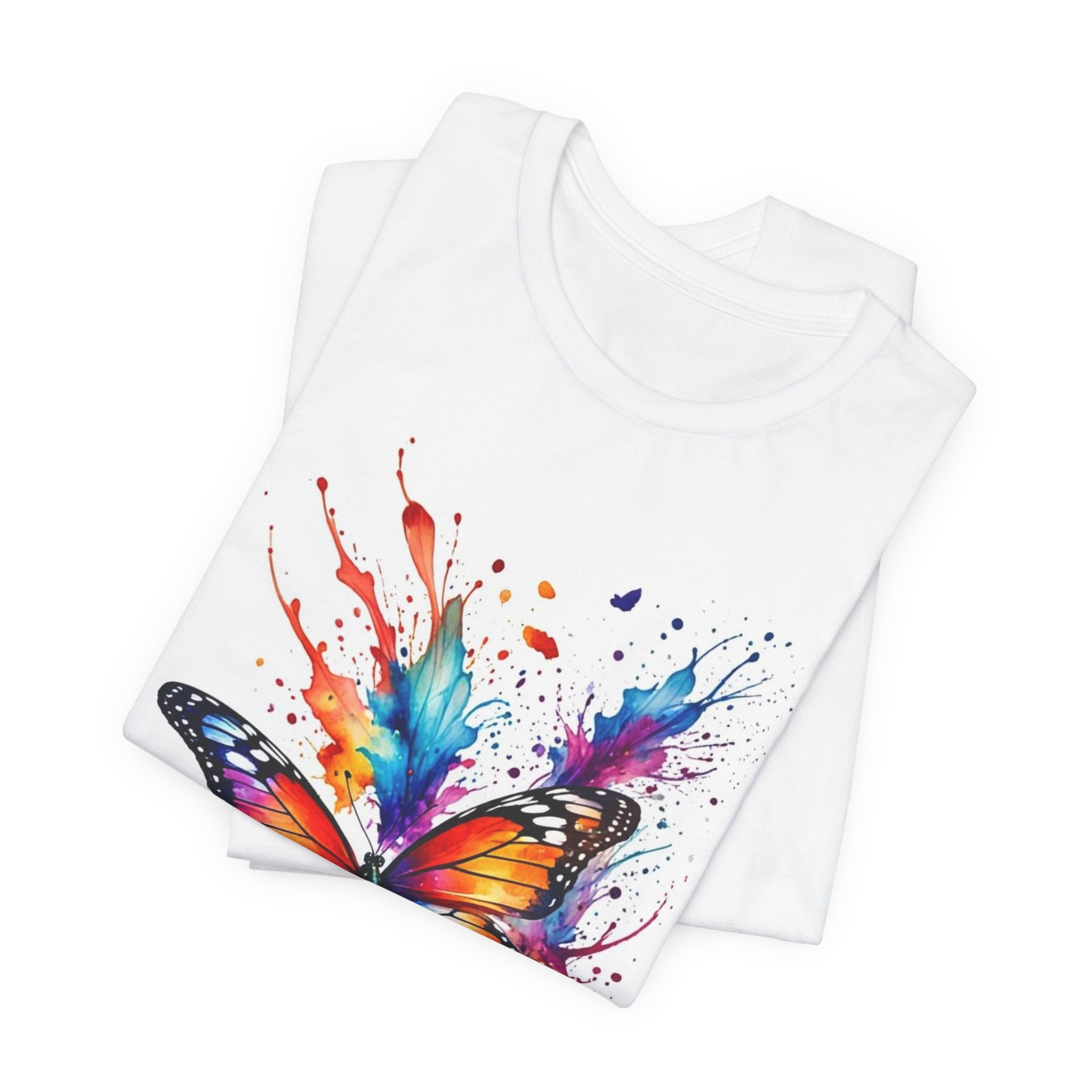 Butterfly & Floral Bike T‑Shirt — Colorful Watercolor Butterfly Front, Flower Basket Bicycle Back Tee