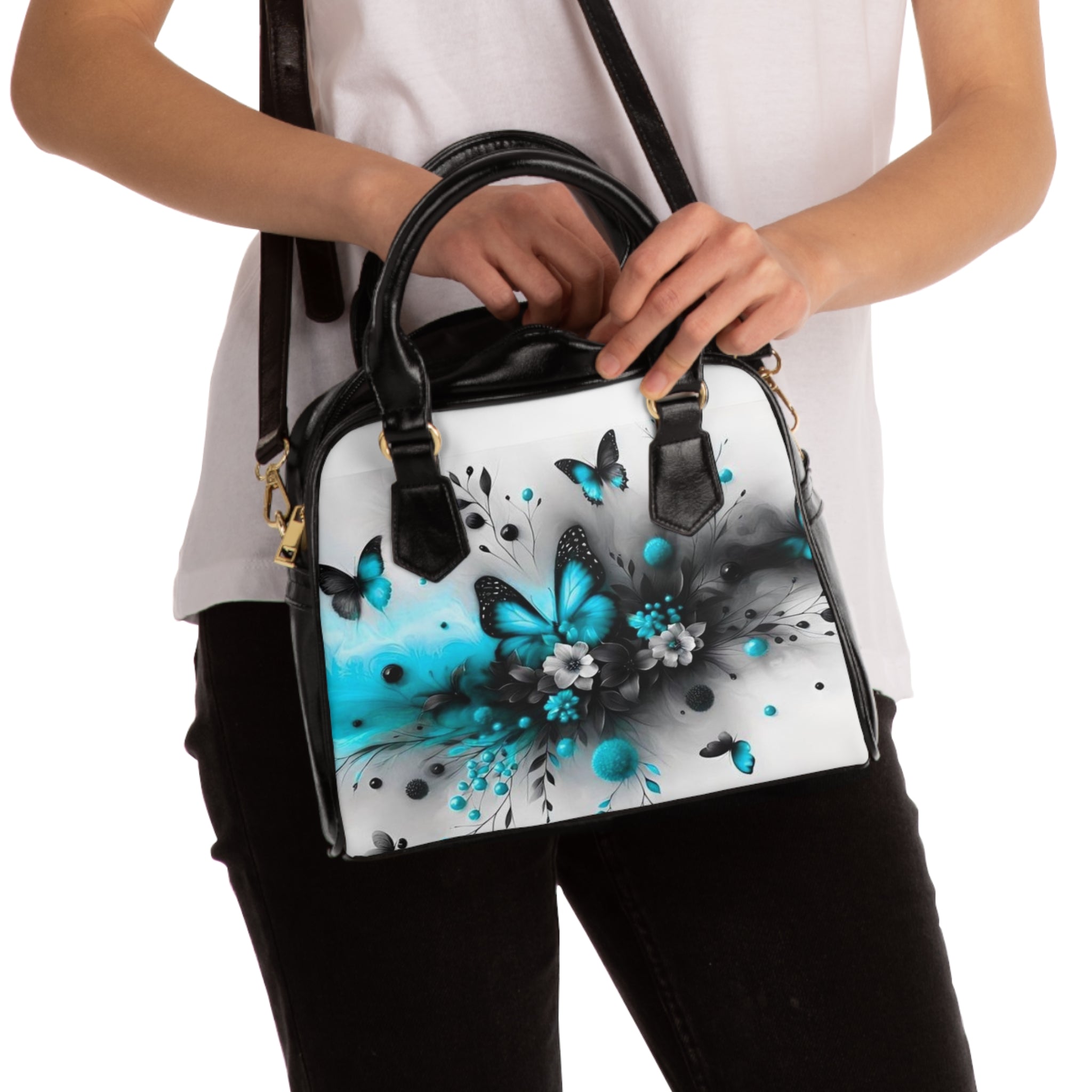 Butterfly Floral Shoulder Handbag — Teal Accent Satchel