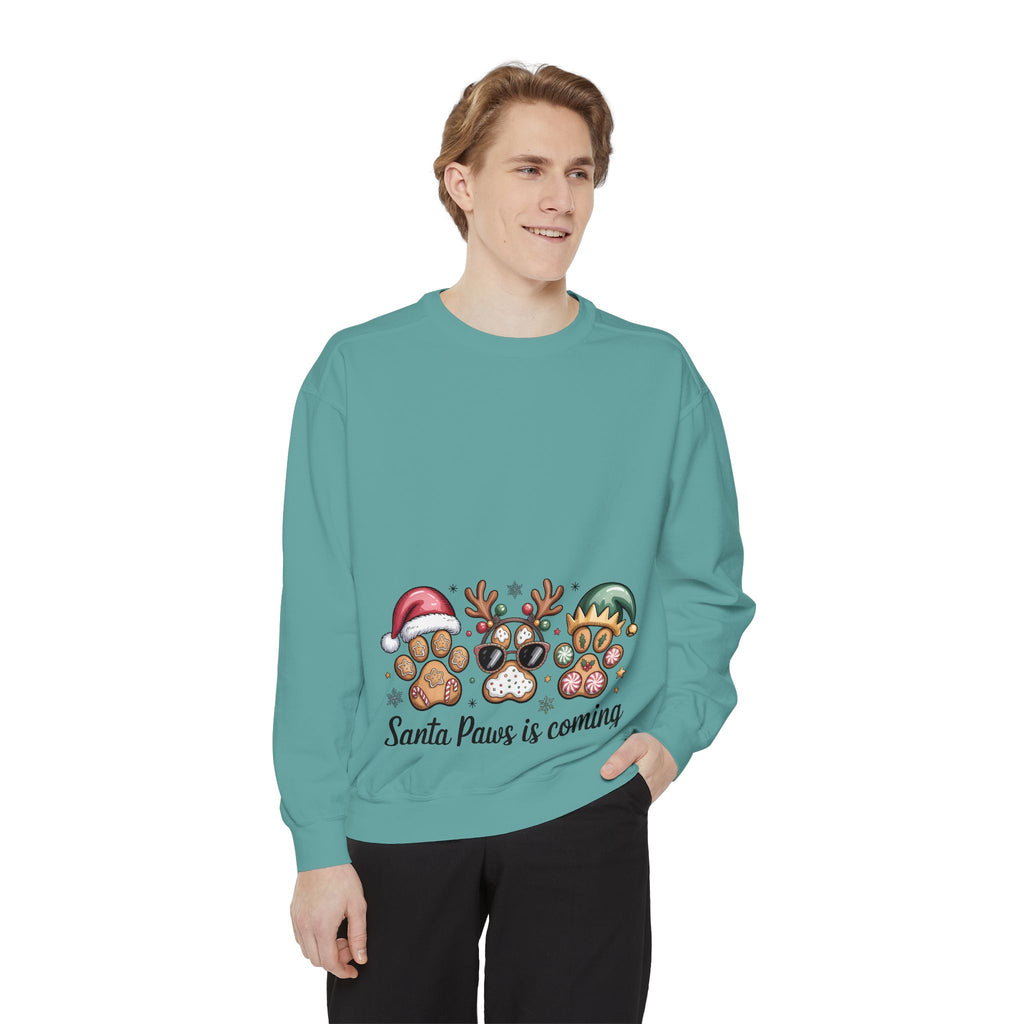 Christmas Pet Sweatshirt — "Santa Paws Is Coming" Paw Print Holiday Crewneck