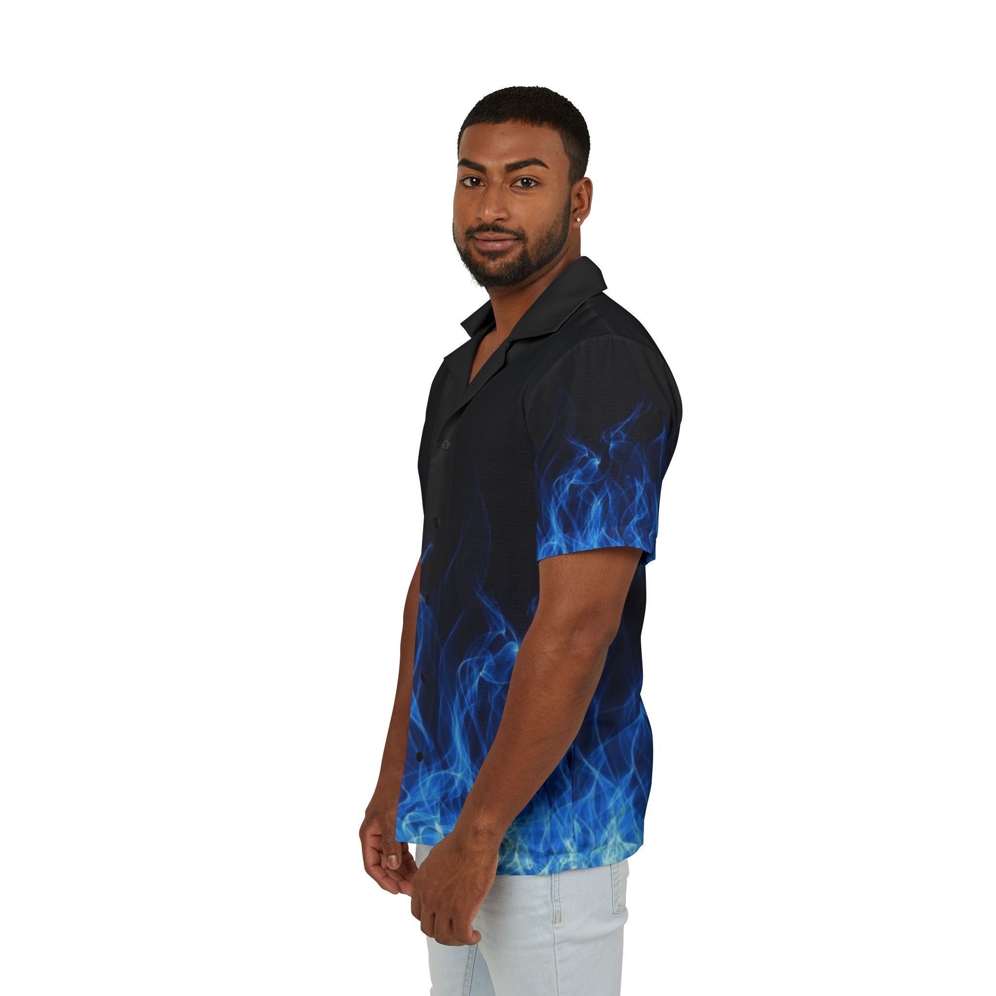 Blue Flame Hawaiian Camp Shirt — Men’s Short-Sleeve AOP Button-Up