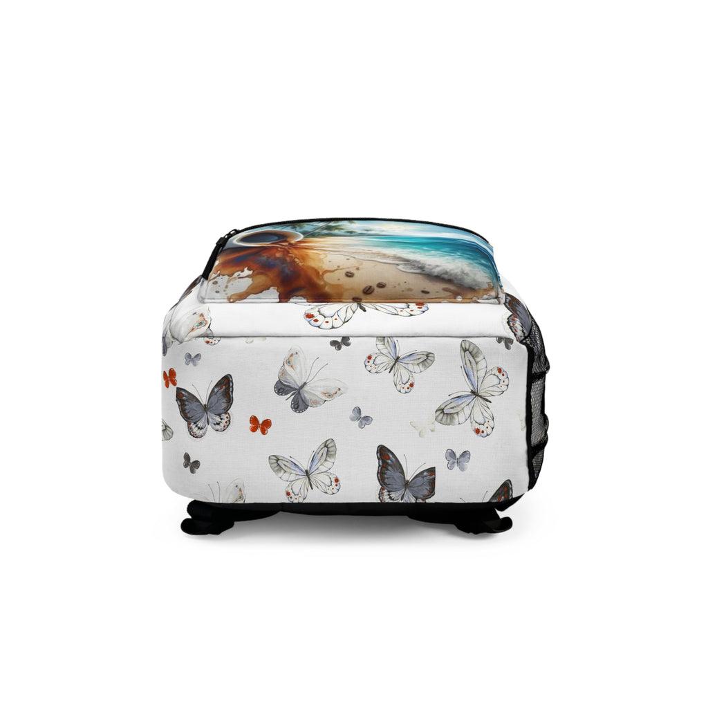Butterfly Beach Backpack — Tropical Ocean & Coffee Print Travel Bag