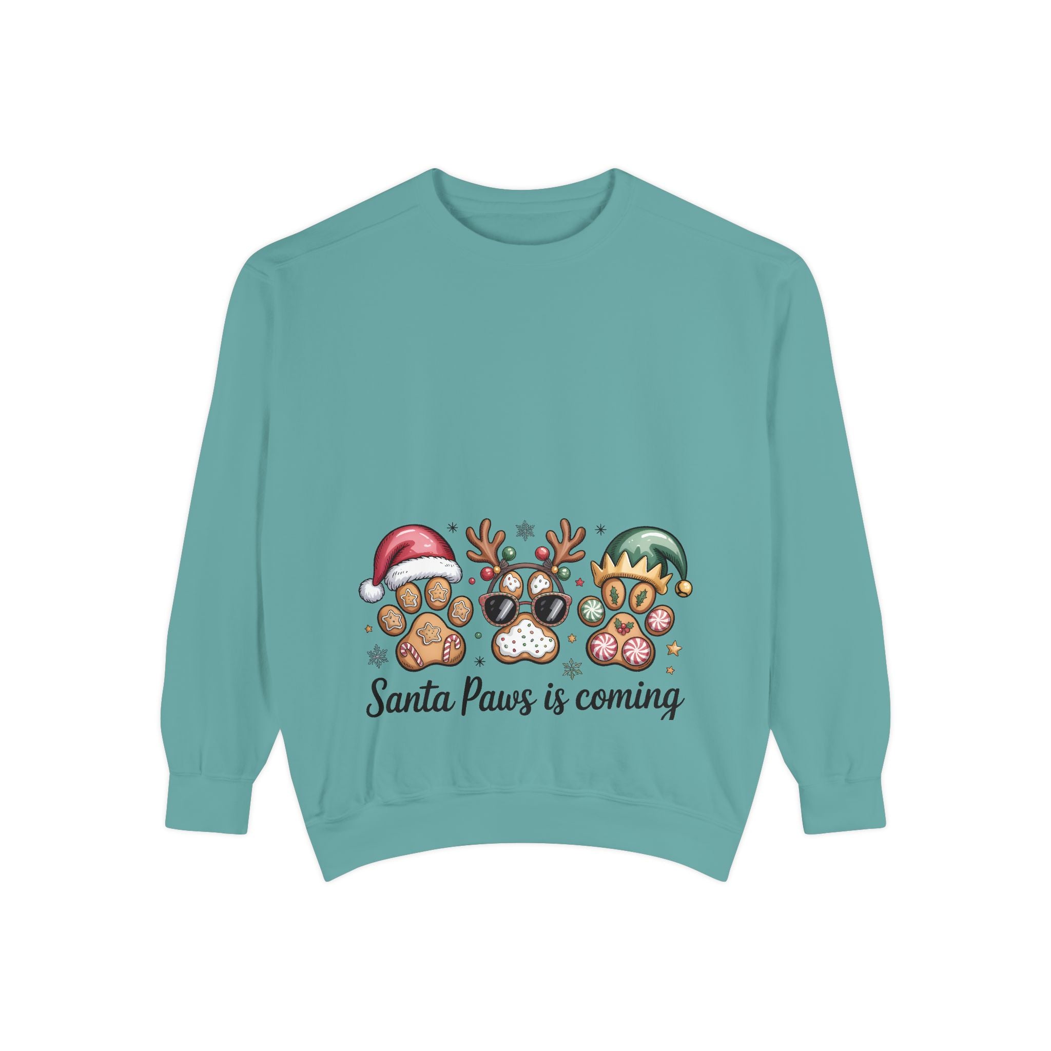 Christmas Pet Sweatshirt — "Santa Paws Is Coming" Paw Print Holiday Crewneck