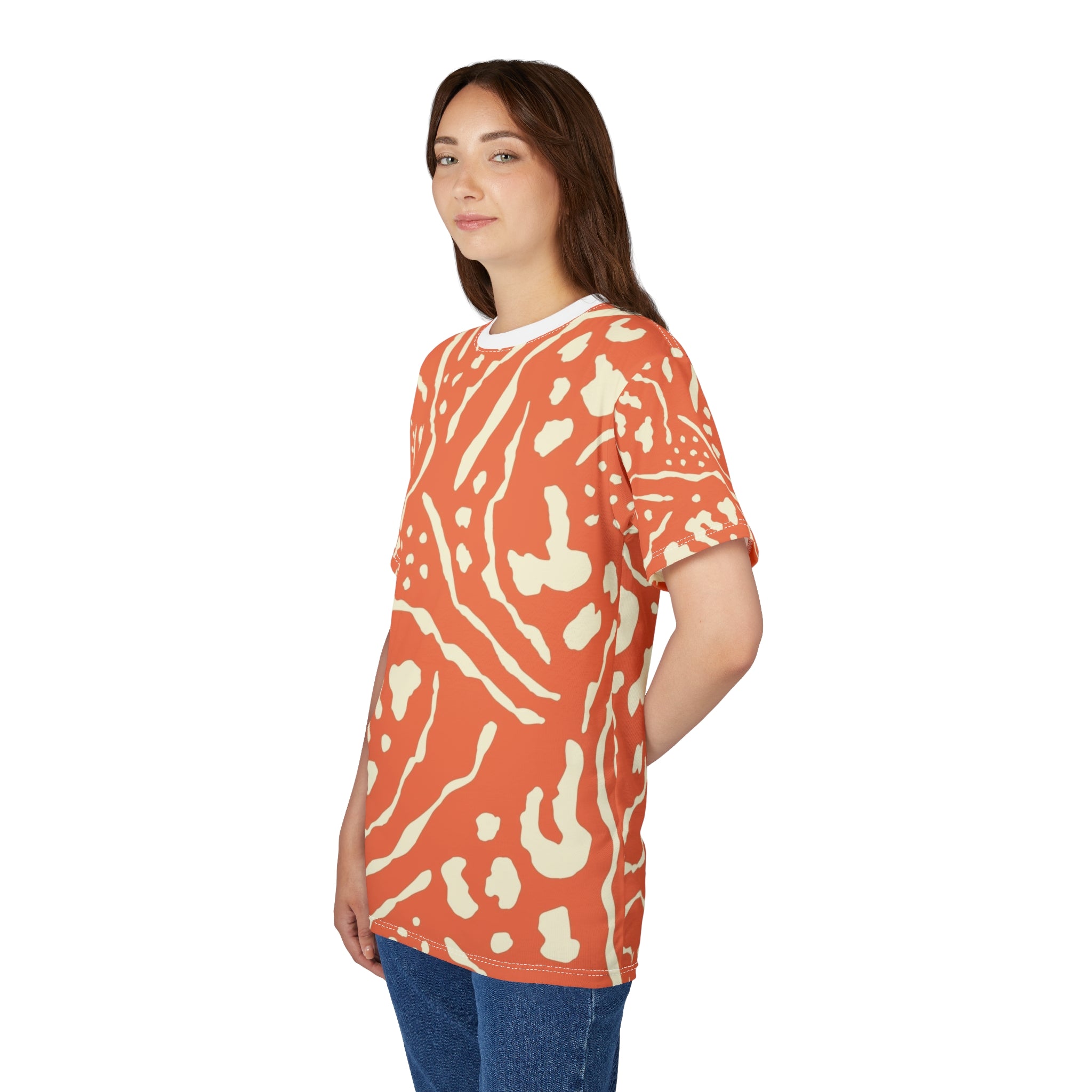All-Over Coral Abstract Pattern Tee — Vibrant Orange Tribal Print Shirt