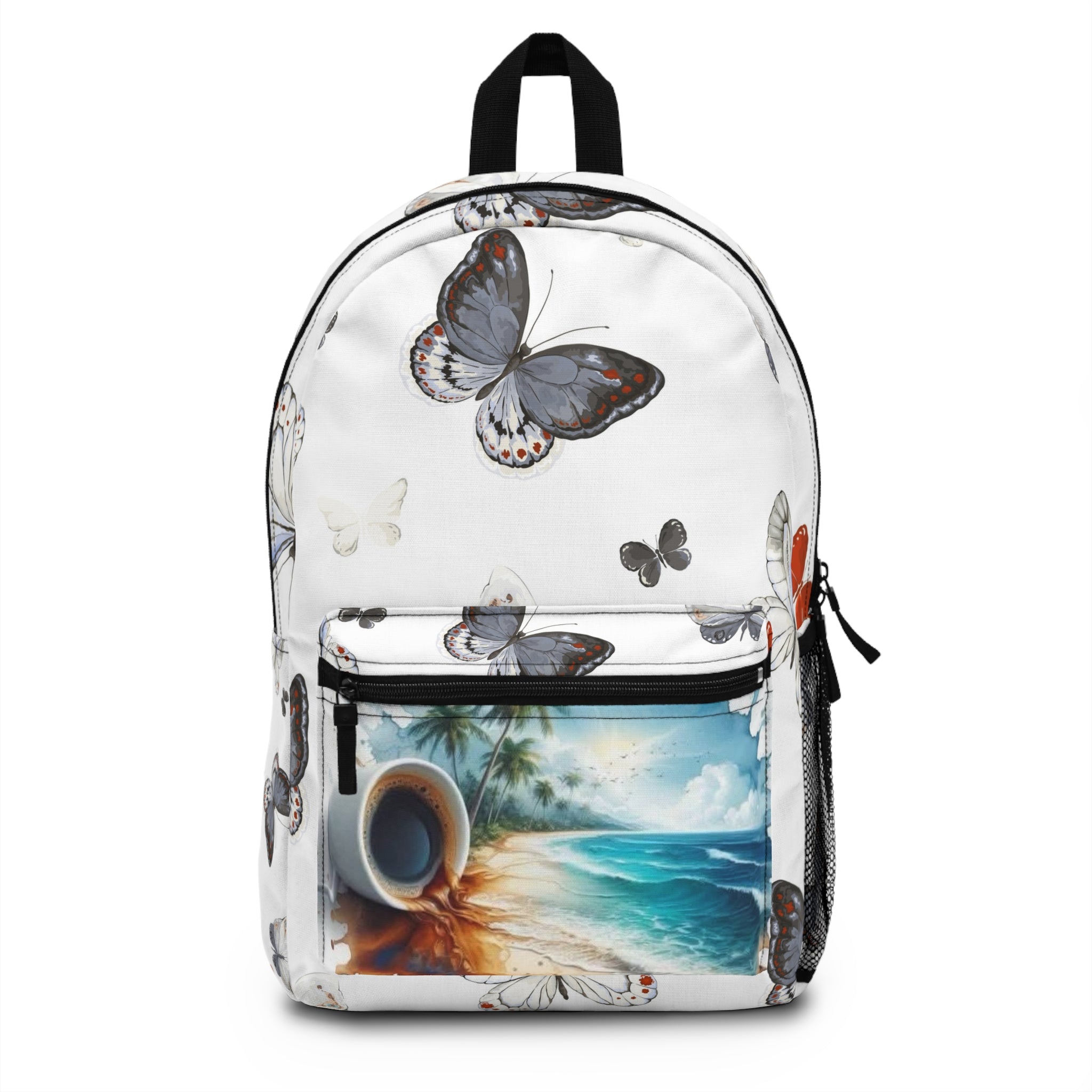 Butterfly Beach Backpack — Tropical Ocean & Coffee Print Travel Bag