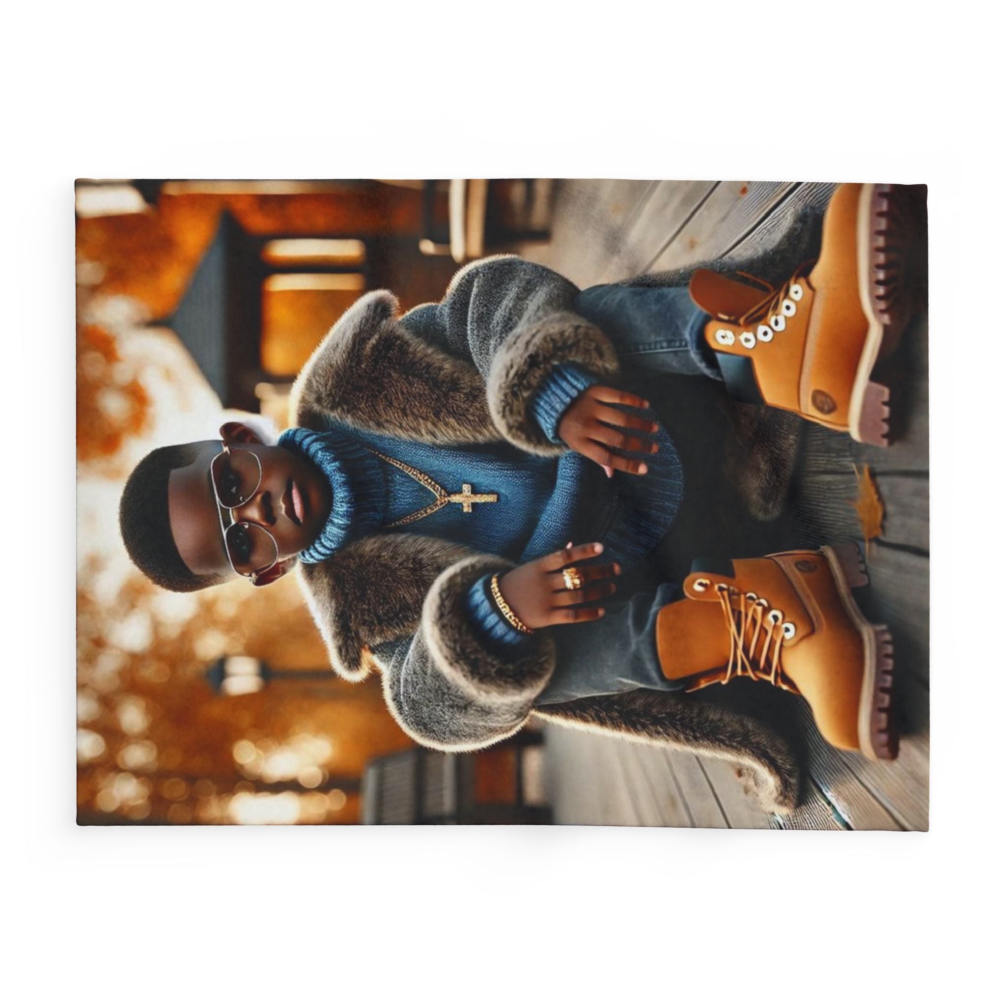 Arctic Fleece Blanket — Cozy Autumn Portrait Throw Blanket with Stylish Kid in Fur Coat Design