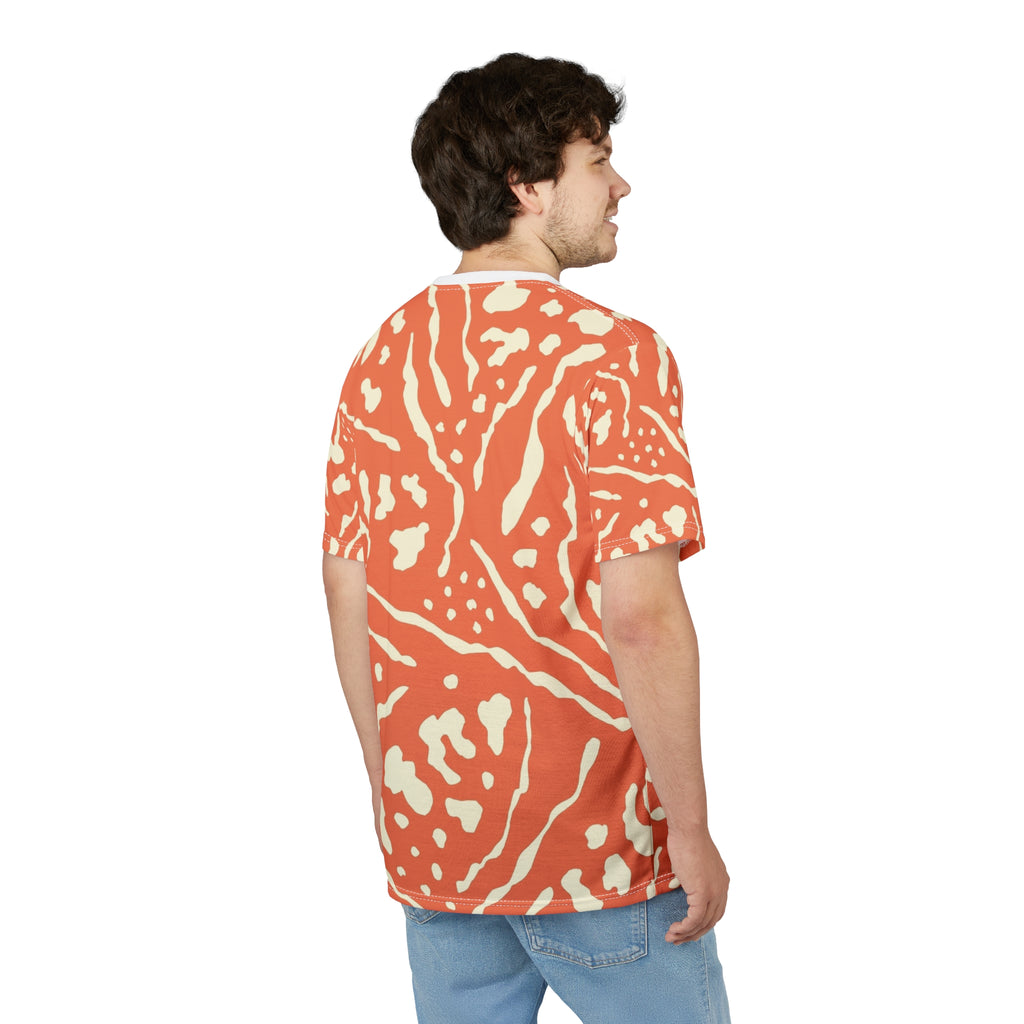 All-Over Coral Abstract Pattern Tee — Vibrant Orange Tribal Print Shirt