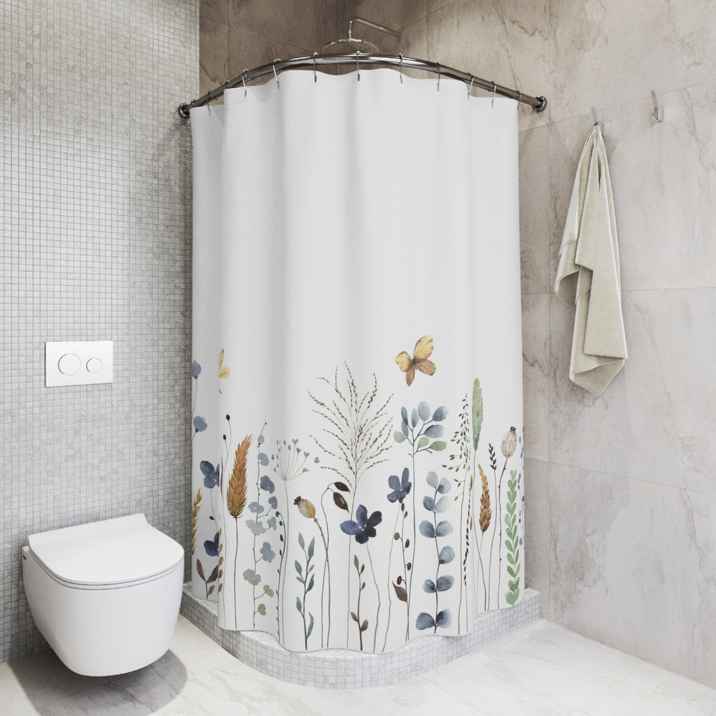 Botanical Meadow Shower Curtain — Watercolor Wildflowers & Butterflies