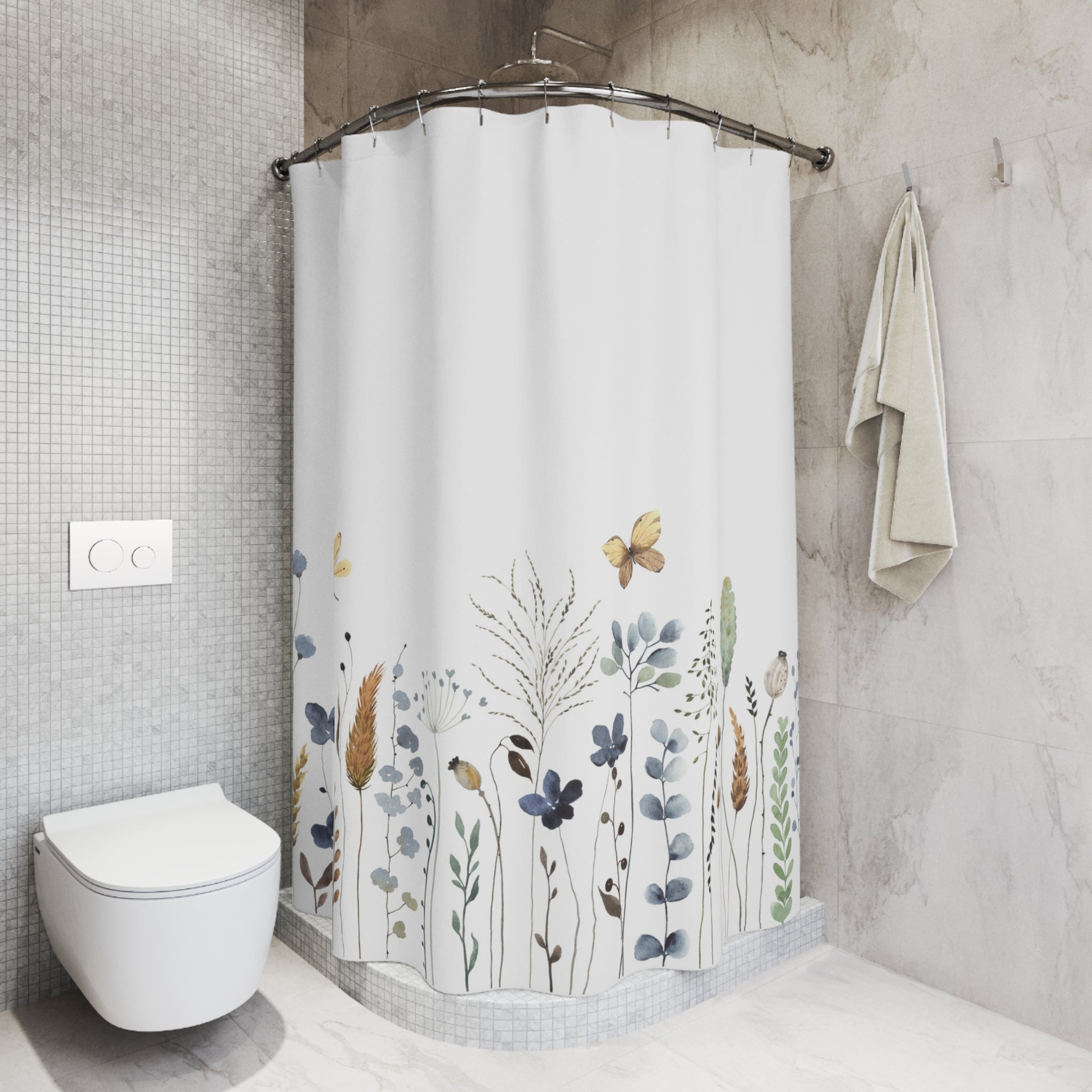 Botanical Meadow Shower Curtain — Watercolor Wildflowers & Butterflies