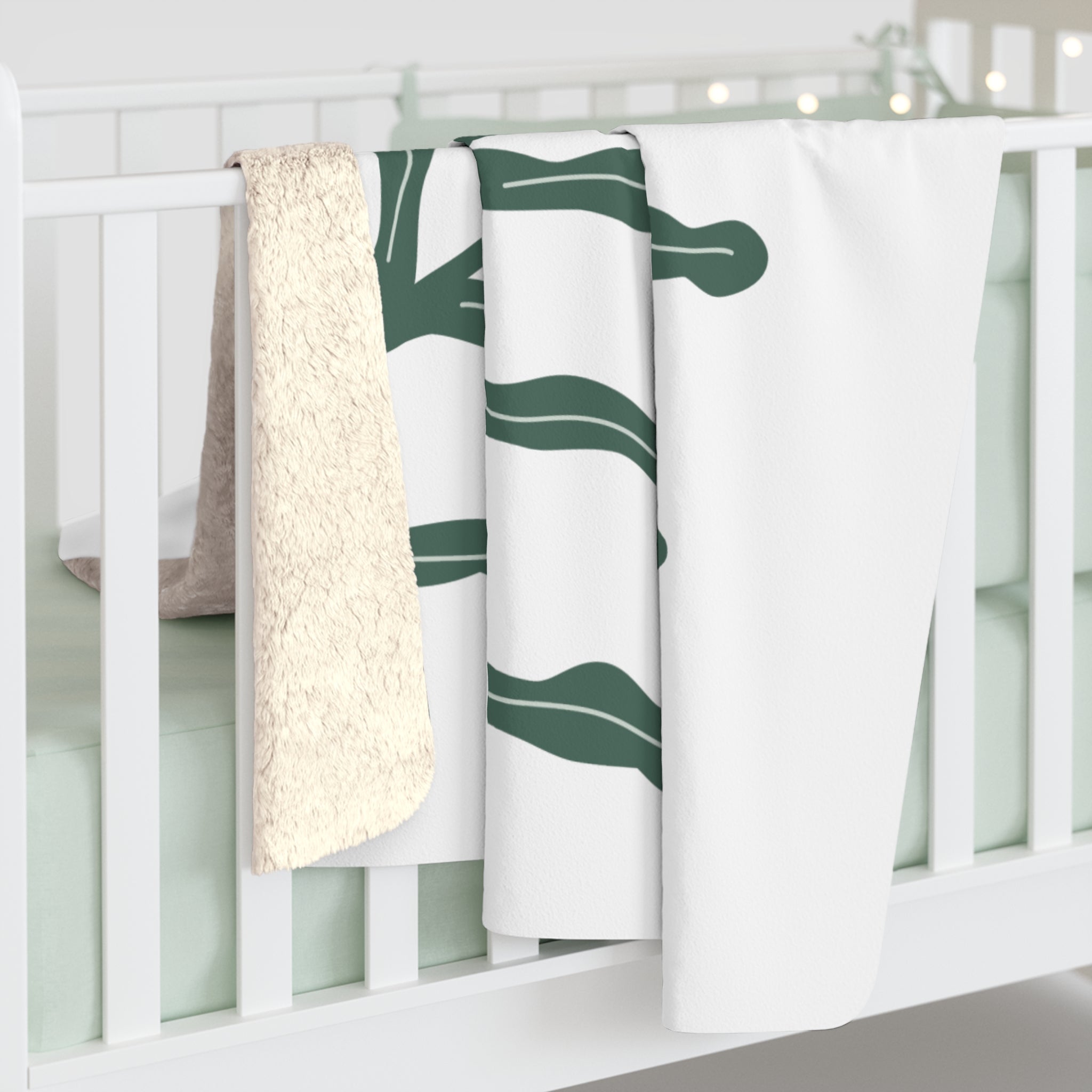 Botanical Sherpa Fleece Blanket — Minimal Green Leaf Cozy Throw