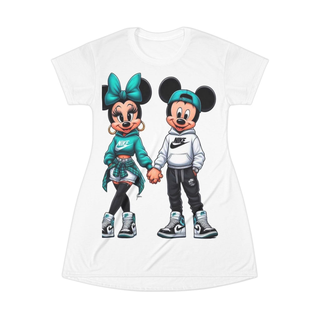 Cartoon Mouse Couple T-Shirt Dress – Trendy Athletic Tee Dress with Cute Sneakers Print