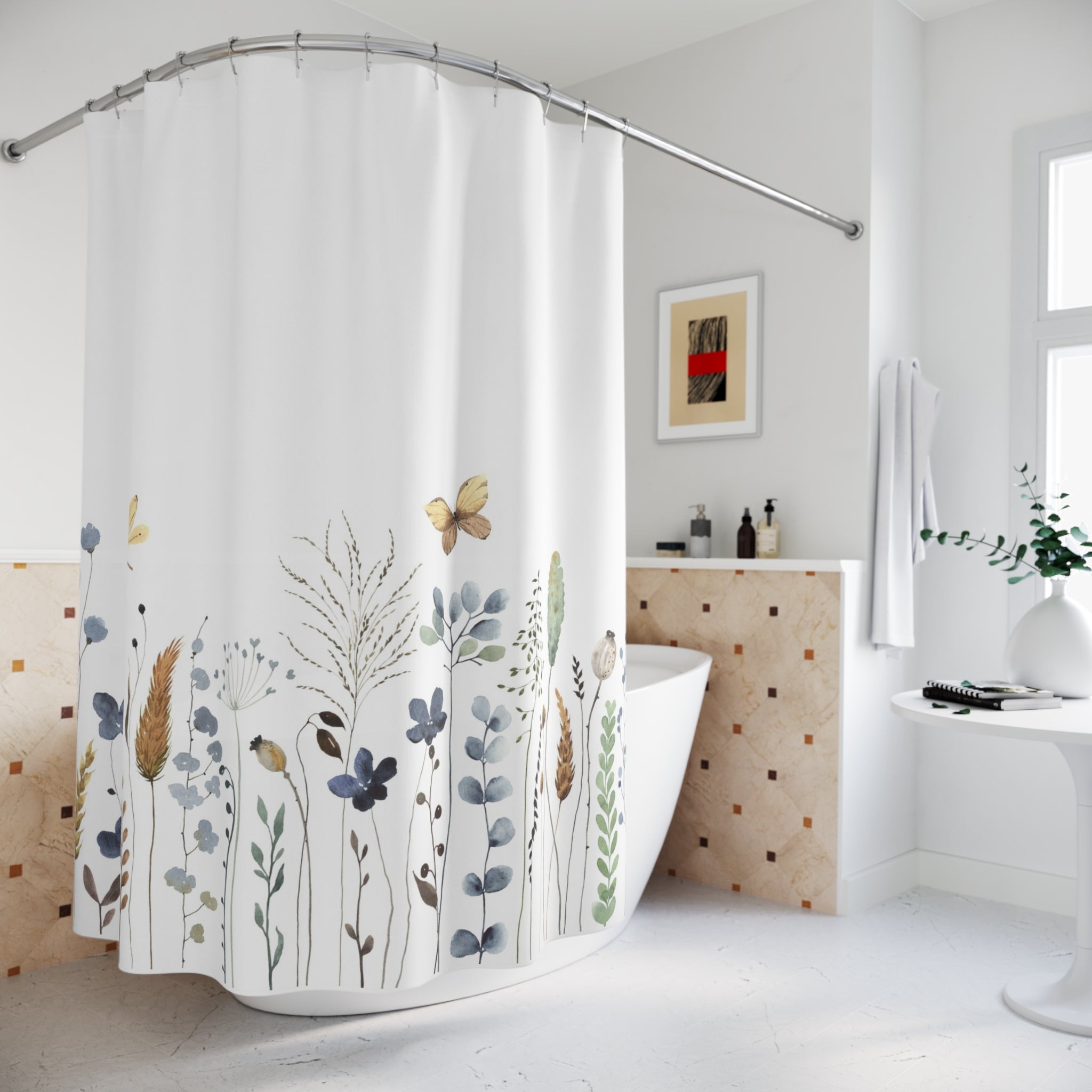 Botanical Meadow Shower Curtain — Watercolor Wildflowers & Butterflies