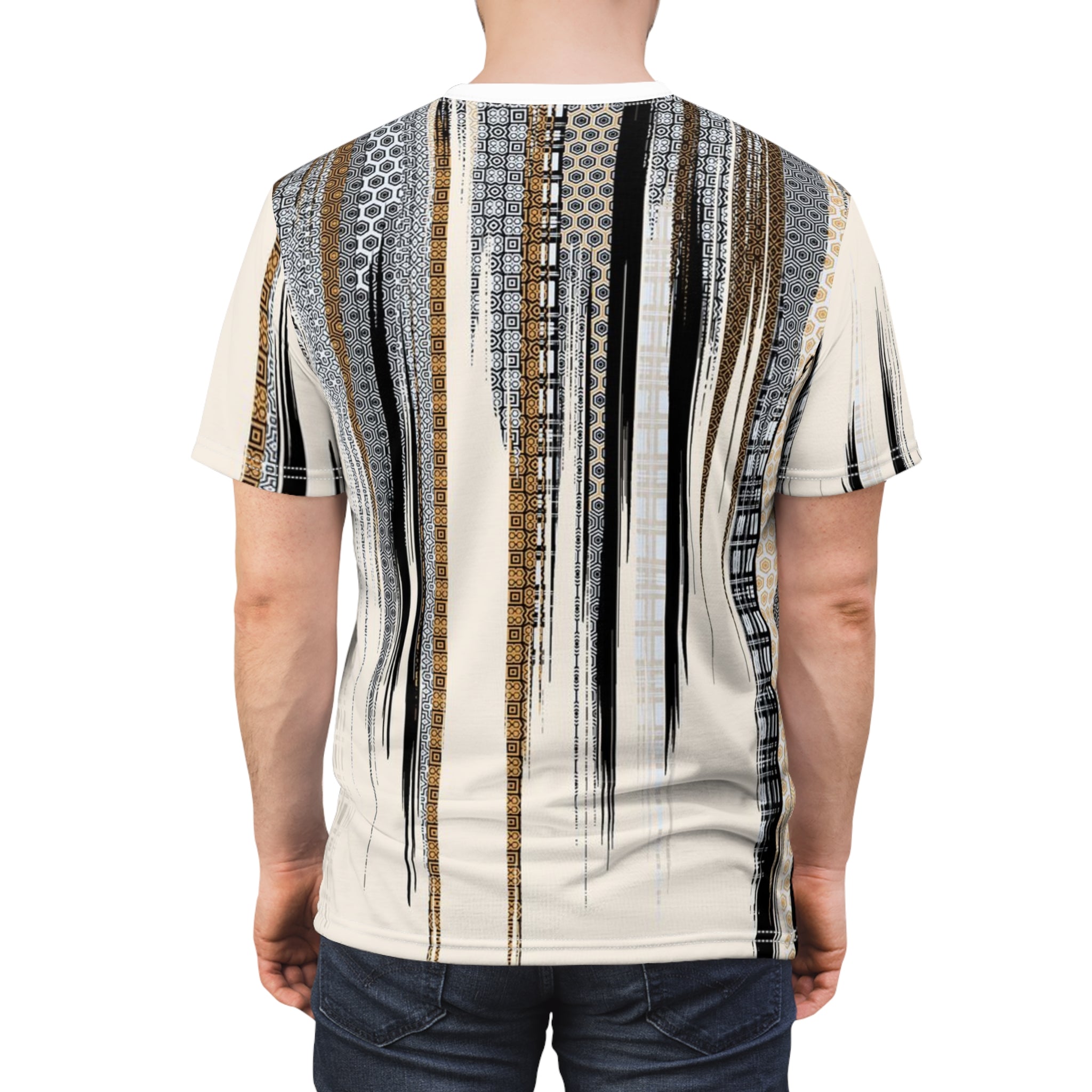 Abstract Neutral Stripe Tee — Modern Vertical Brushstroke All-Over Print