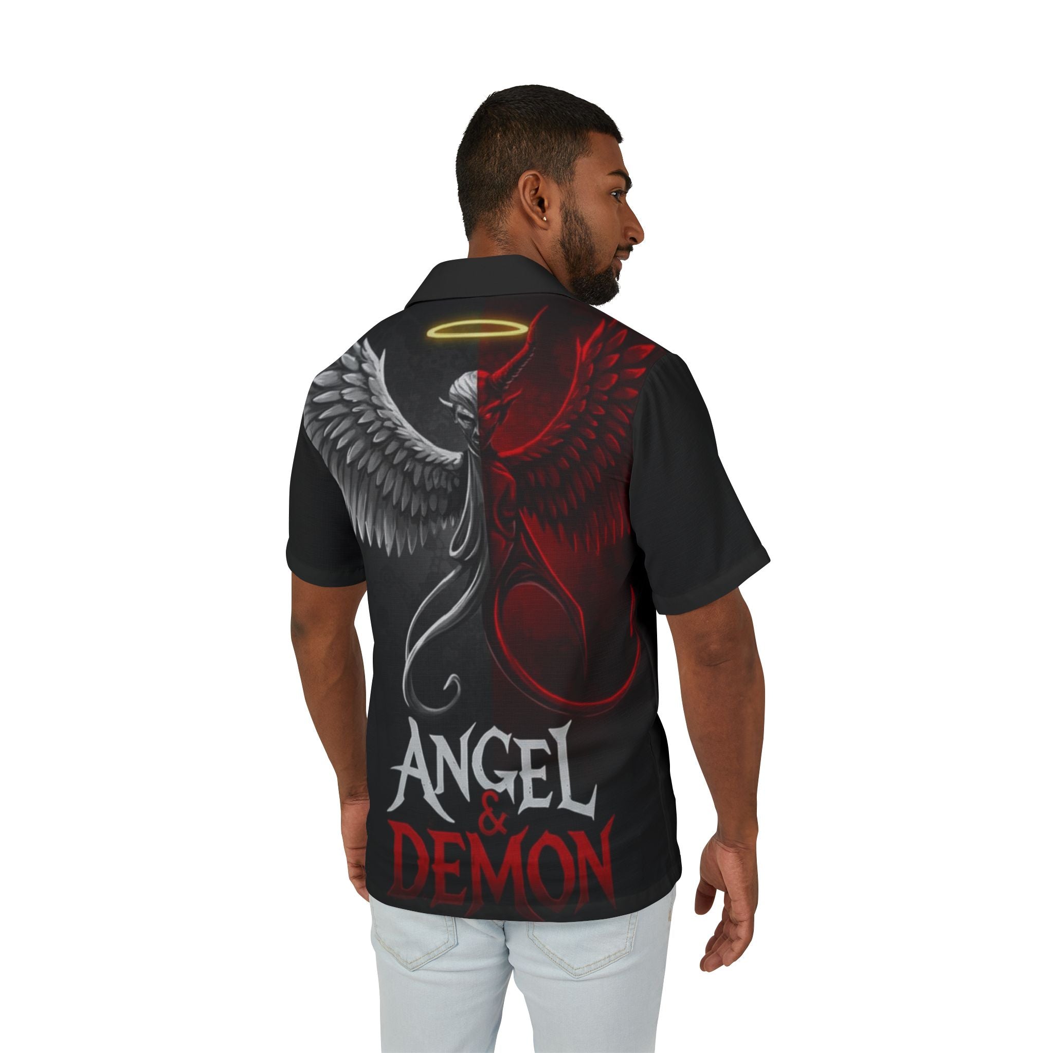 Angel & Demon Hawaiian Camp Shirt — Two-Tone Gothic AOP Button-Up