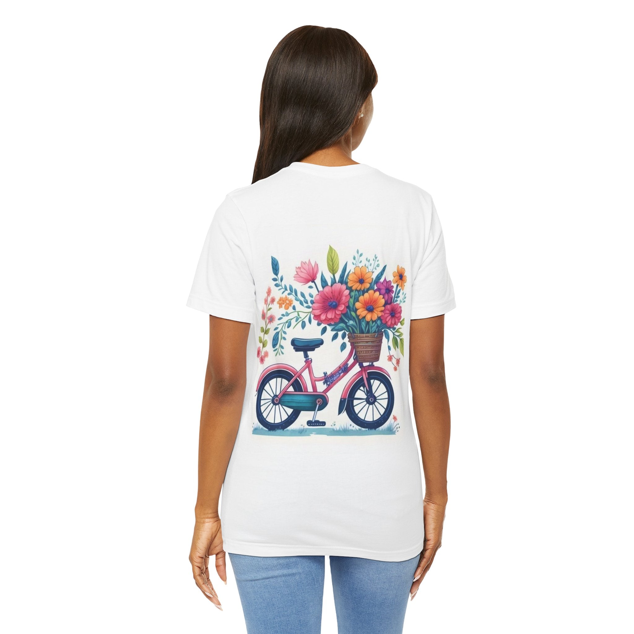 Butterfly & Floral Bike T‑Shirt — Colorful Watercolor Butterfly Front, Flower Basket Bicycle Back Tee