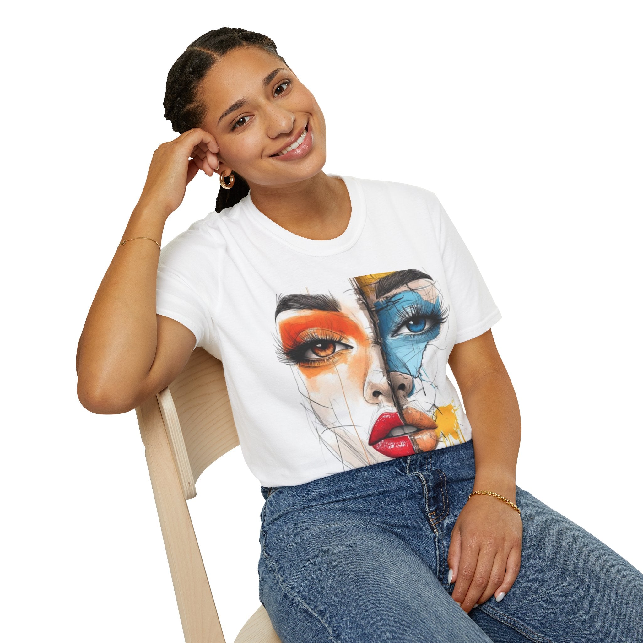 Abstract Split-Face Art T-Shirt — Colorful Watercolor Portrait Tee