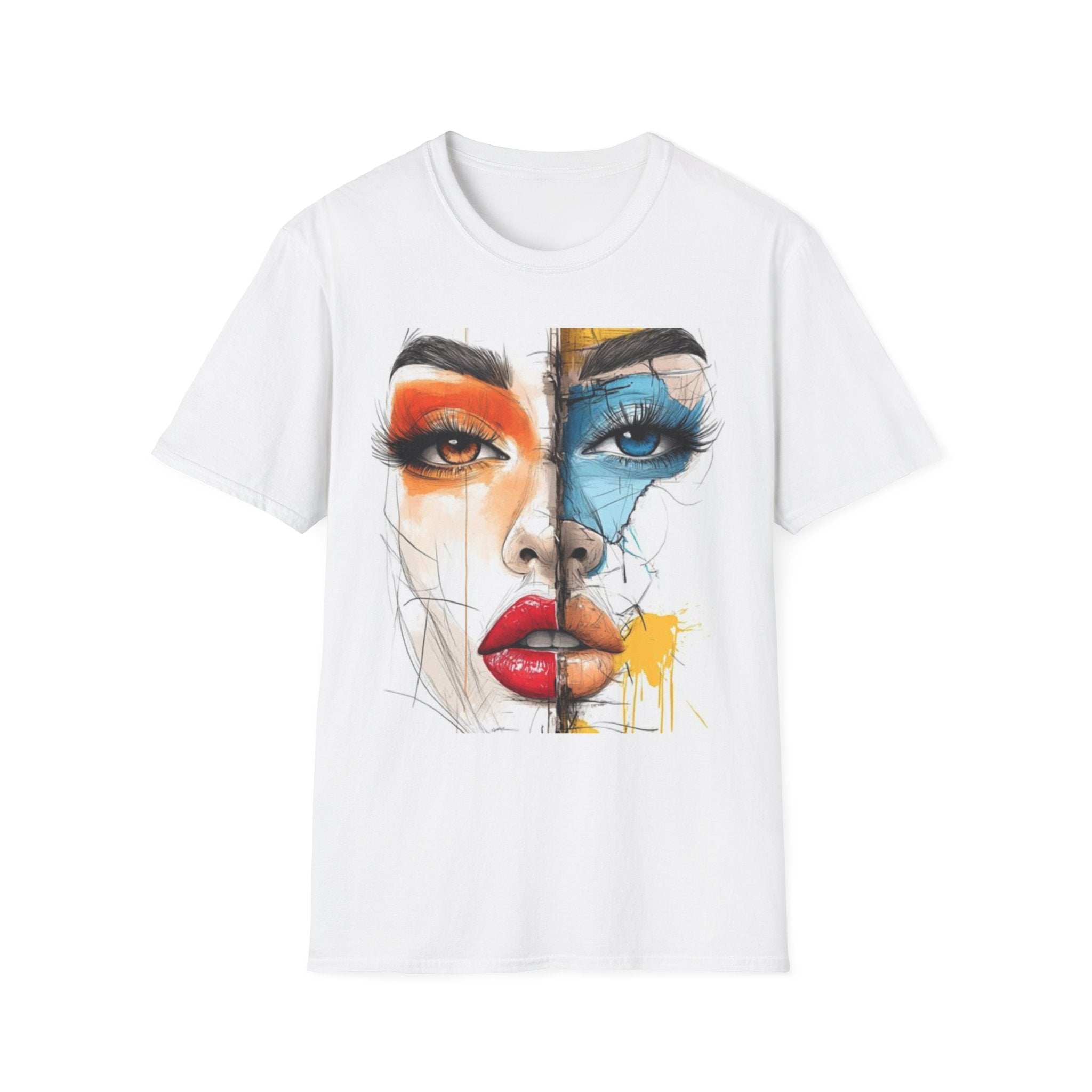 Abstract Split-Face Art T-Shirt — Colorful Watercolor Portrait Tee