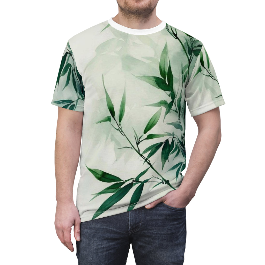 Botanical Bamboo Print Tee — All‑Over Green Leaf T‑Shirt