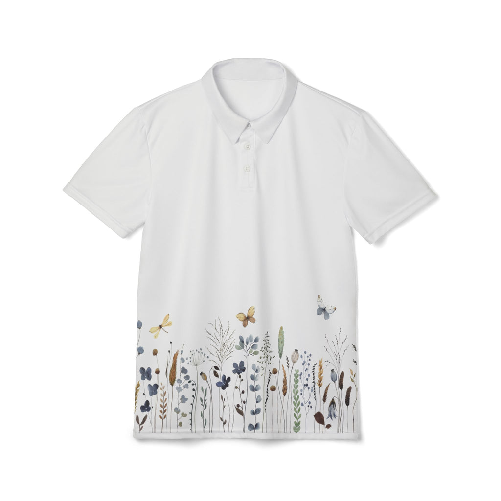 Botanical Meadow Polo Shirt — Floral Field Design with Butterflies