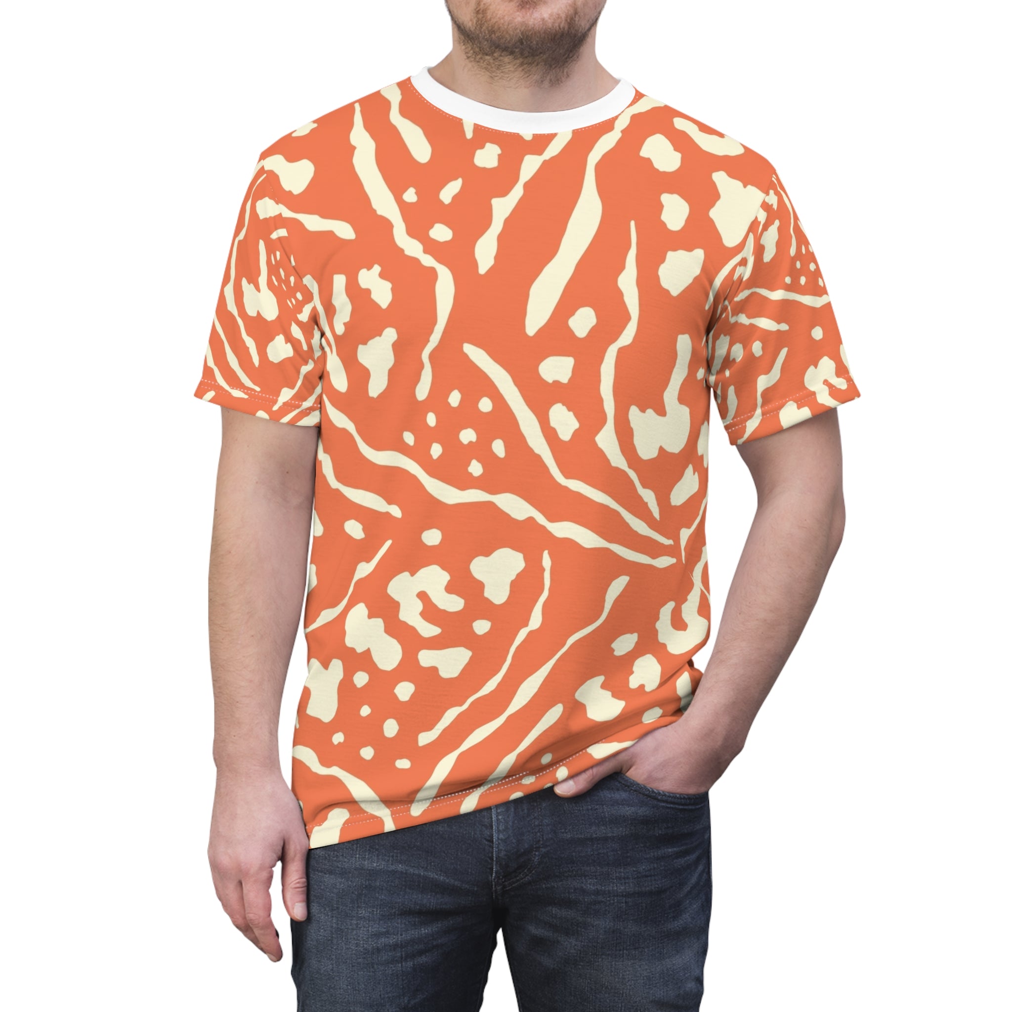 All-Over Coral Abstract Pattern Tee — Vibrant Orange Tribal Print Shirt