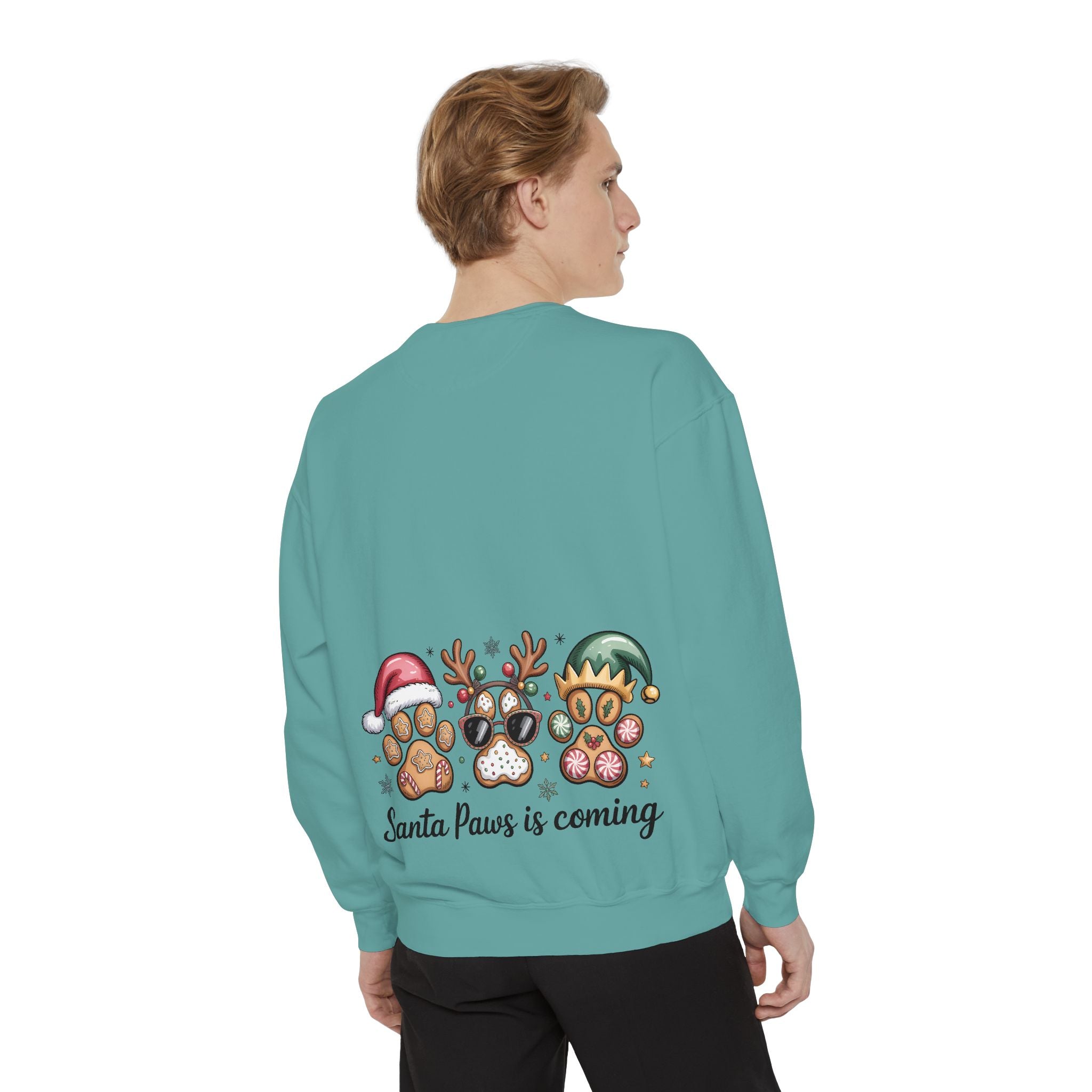 Christmas Pet Sweatshirt — "Santa Paws Is Coming" Paw Print Holiday Crewneck