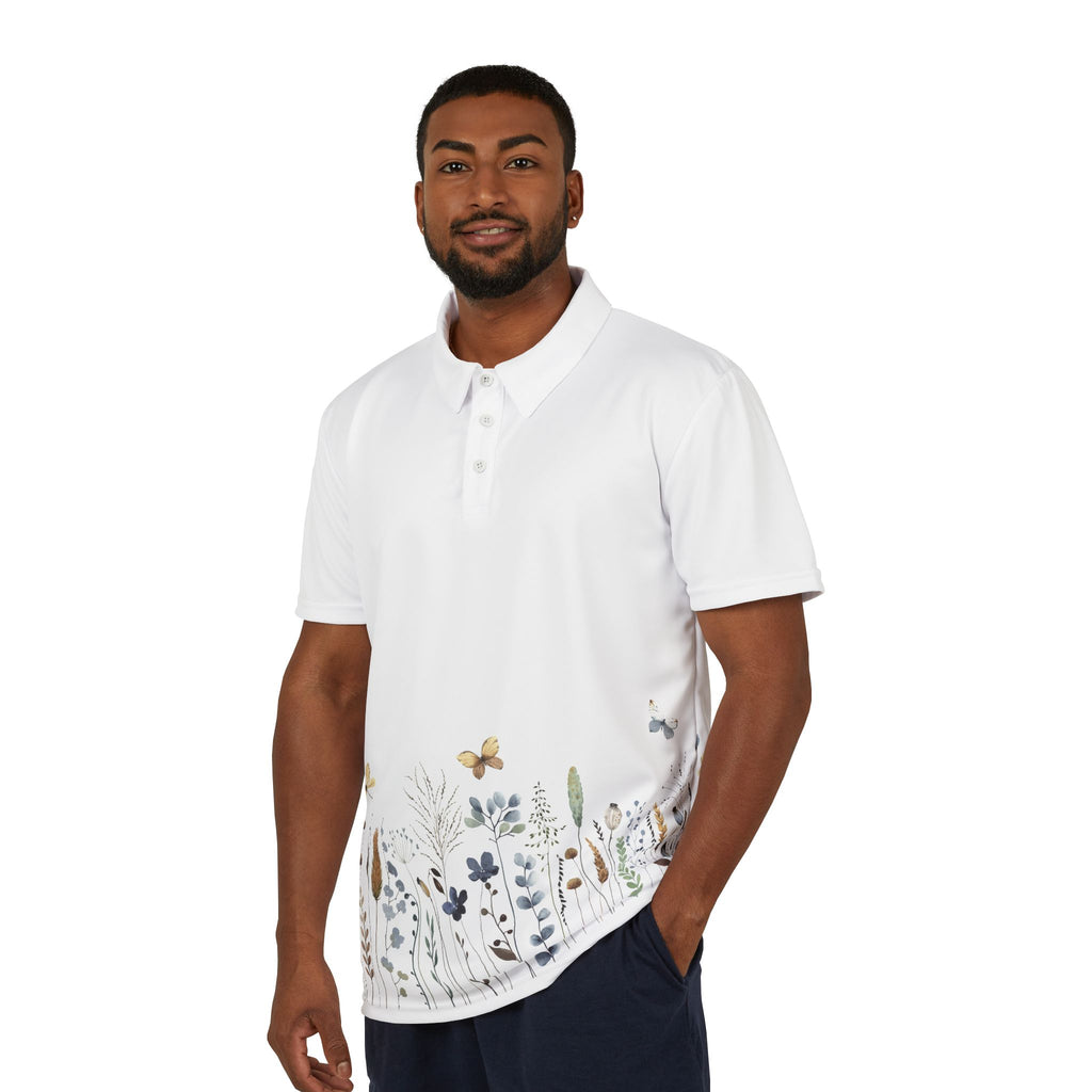 Botanical Meadow Polo Shirt — Floral Field Design with Butterflies