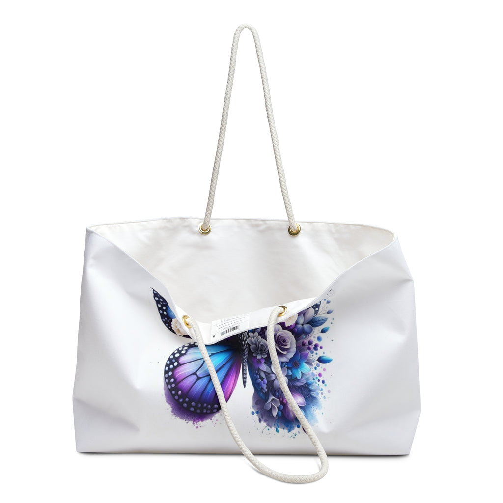 Butterfly & Snow Leopard Weekender Bag — Floral Blue Purple Travel Tote