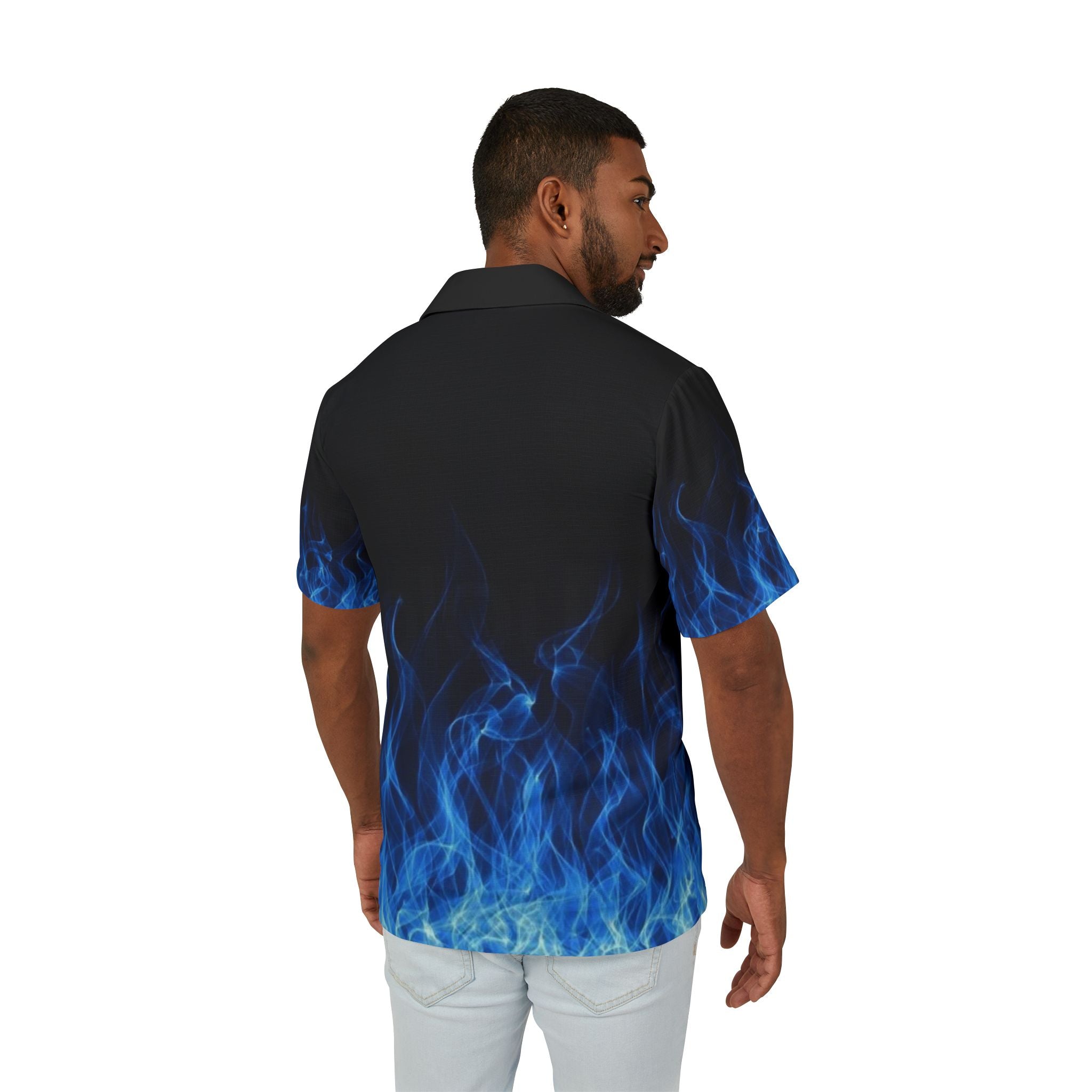 Blue Flame Hawaiian Camp Shirt — Men’s Short-Sleeve AOP Button-Up
