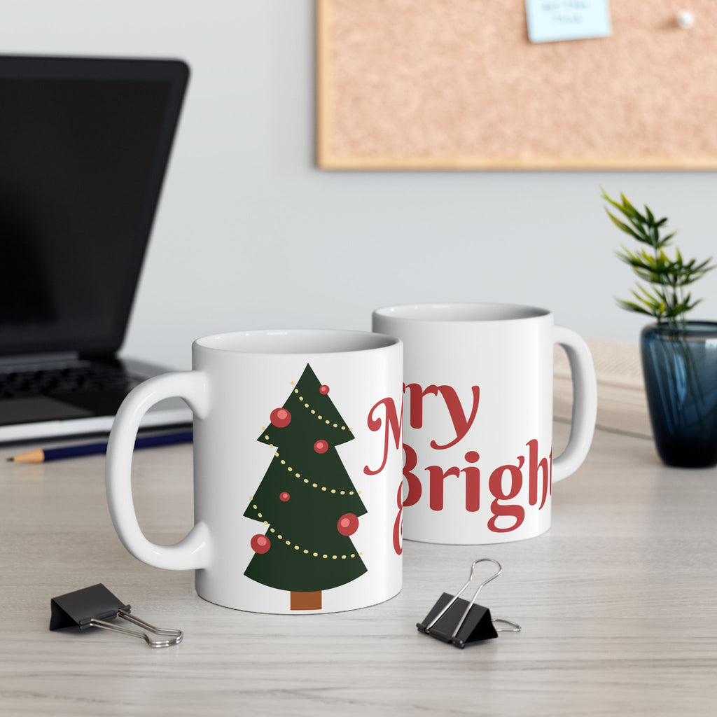 Christmas Tree Mug — "Merry & Bright" Holiday Ceramic Coffee Cup (11oz, 15oz)