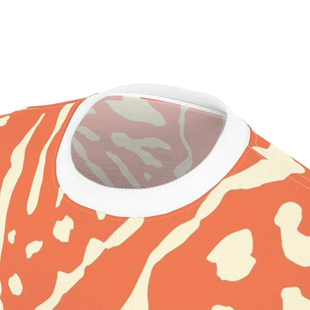 All-Over Coral Abstract Pattern Tee — Vibrant Orange Tribal Print Shirt