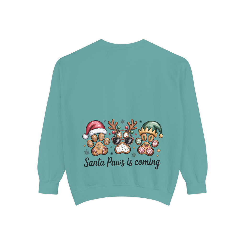 Christmas Pet Sweatshirt — "Santa Paws Is Coming" Paw Print Holiday Crewneck