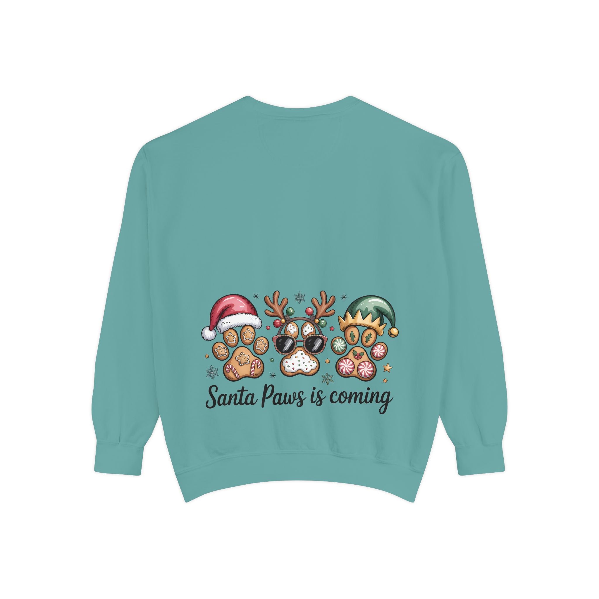 Christmas Pet Sweatshirt — "Santa Paws Is Coming" Paw Print Holiday Crewneck
