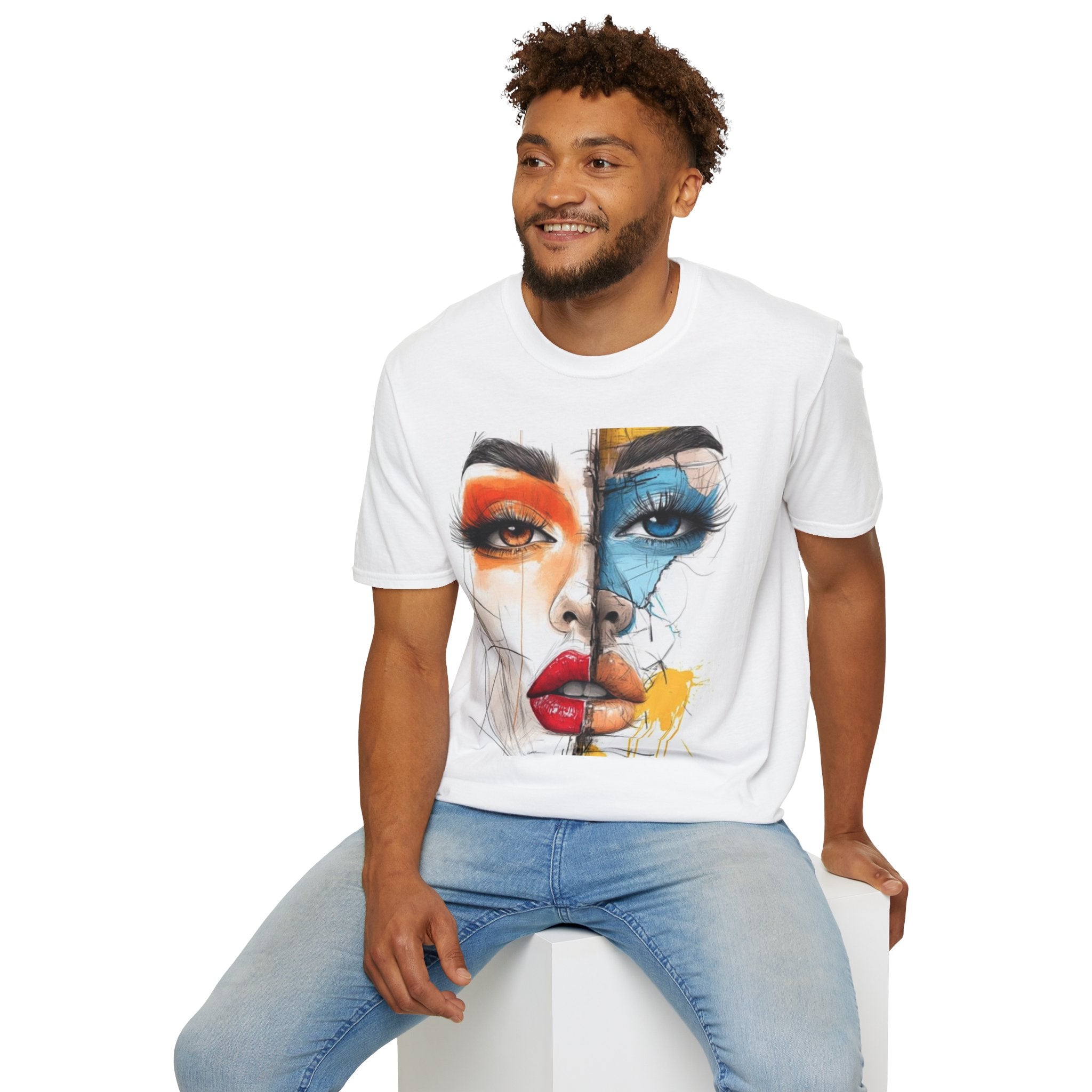 Abstract Split-Face Art T-Shirt — Colorful Watercolor Portrait Tee