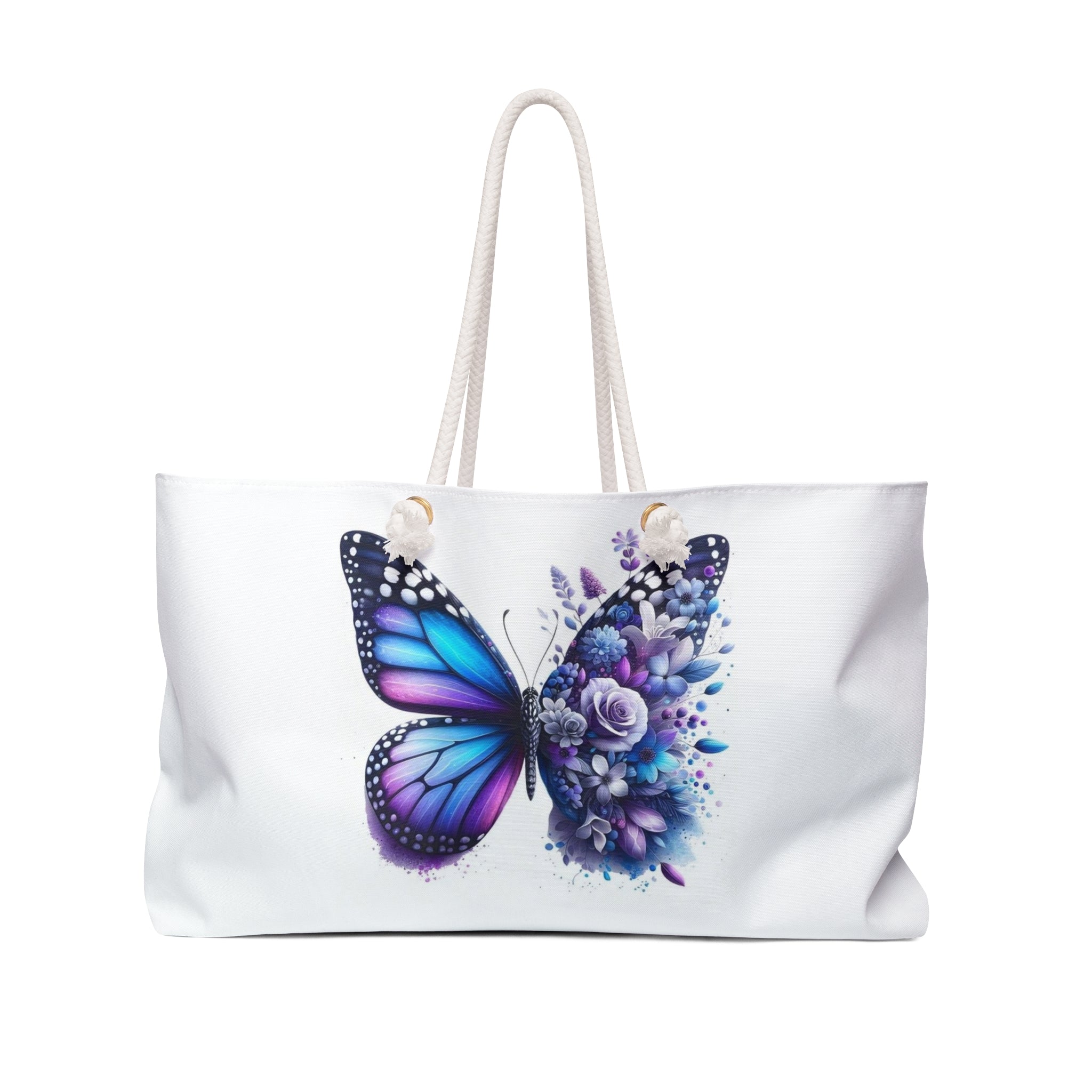 Butterfly & Snow Leopard Weekender Bag — Floral Blue Purple Travel Tote