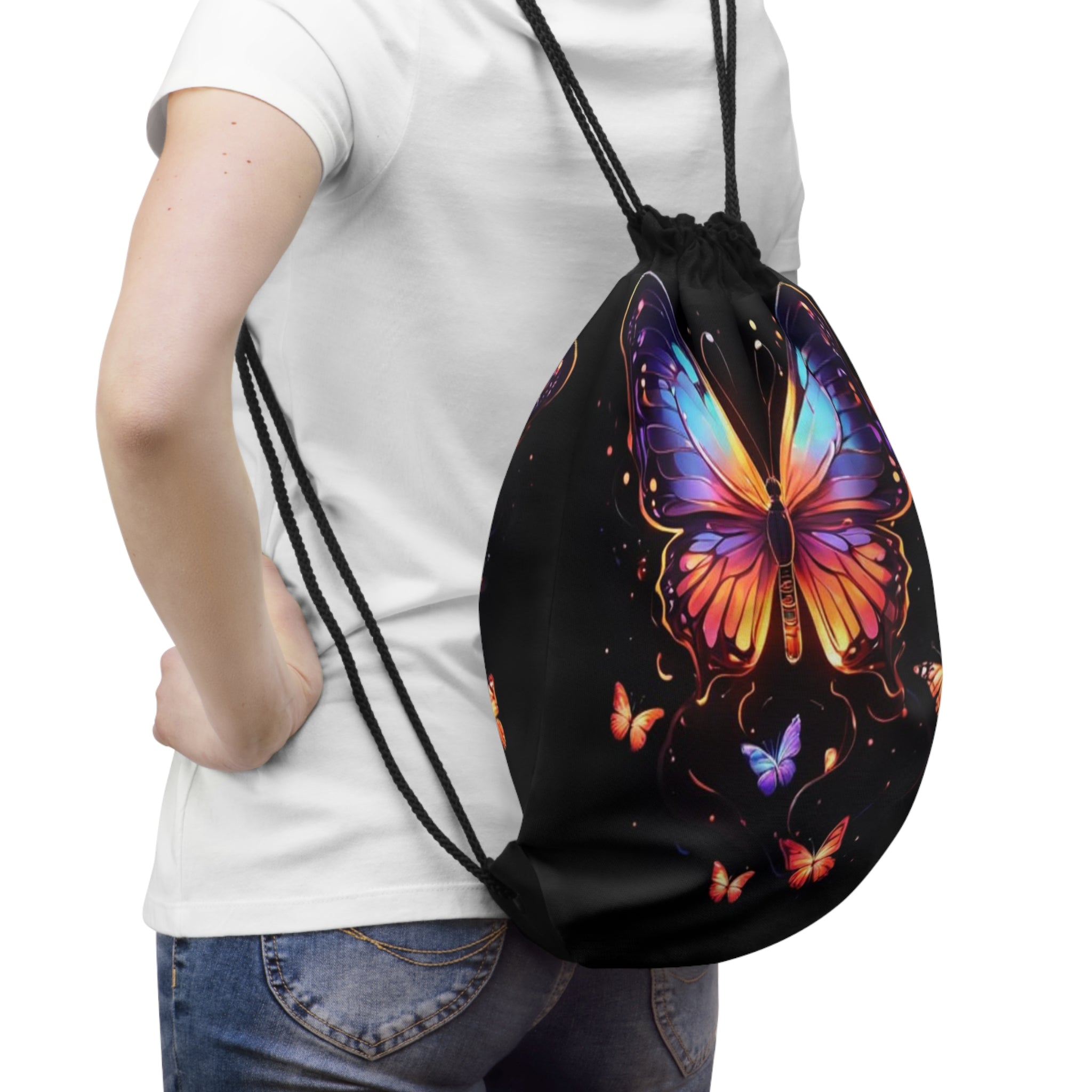 Butterfly Glow Drawstring Bag — Colorful Neon Butterfly Gym Sack