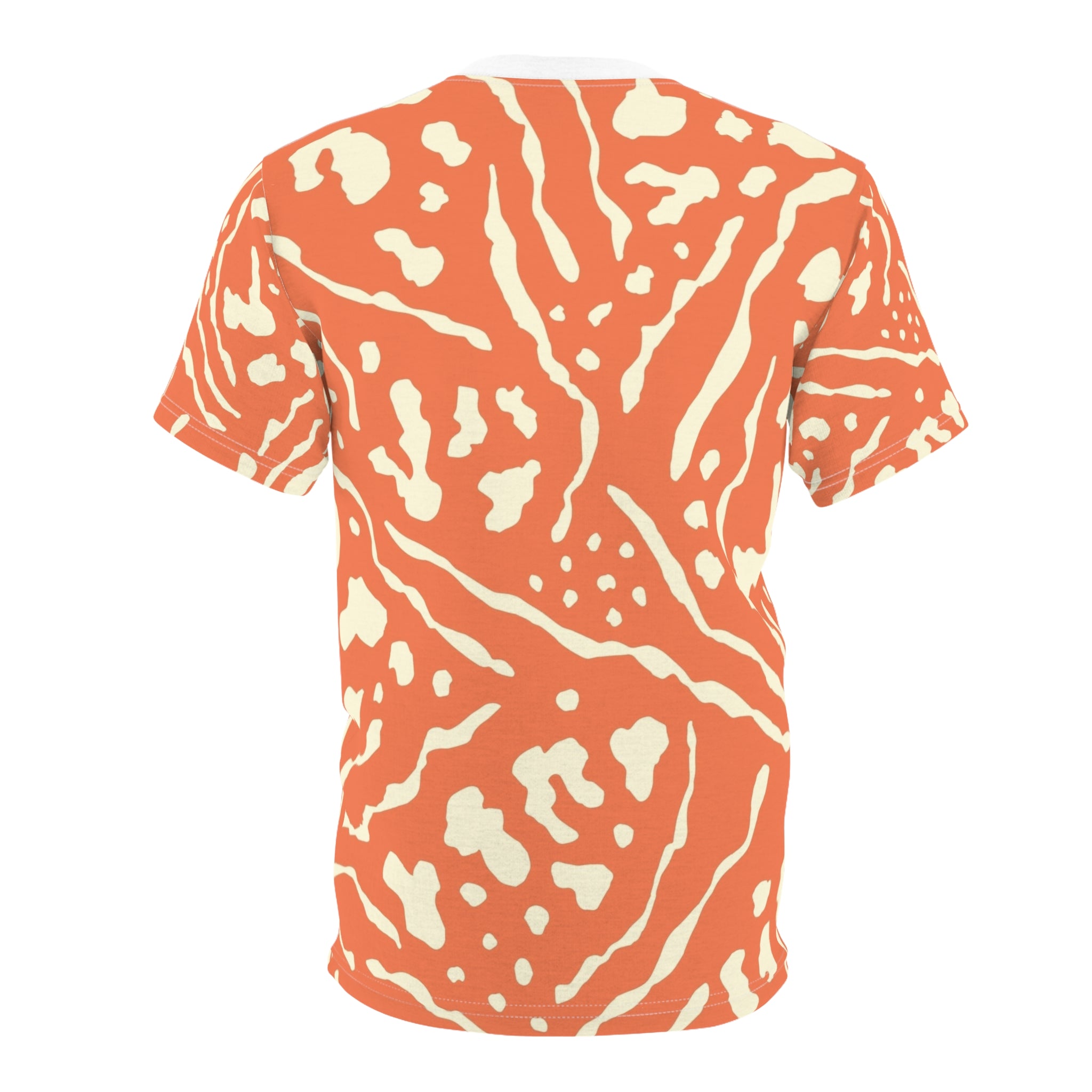 All-Over Coral Abstract Pattern Tee — Vibrant Orange Tribal Print Shirt