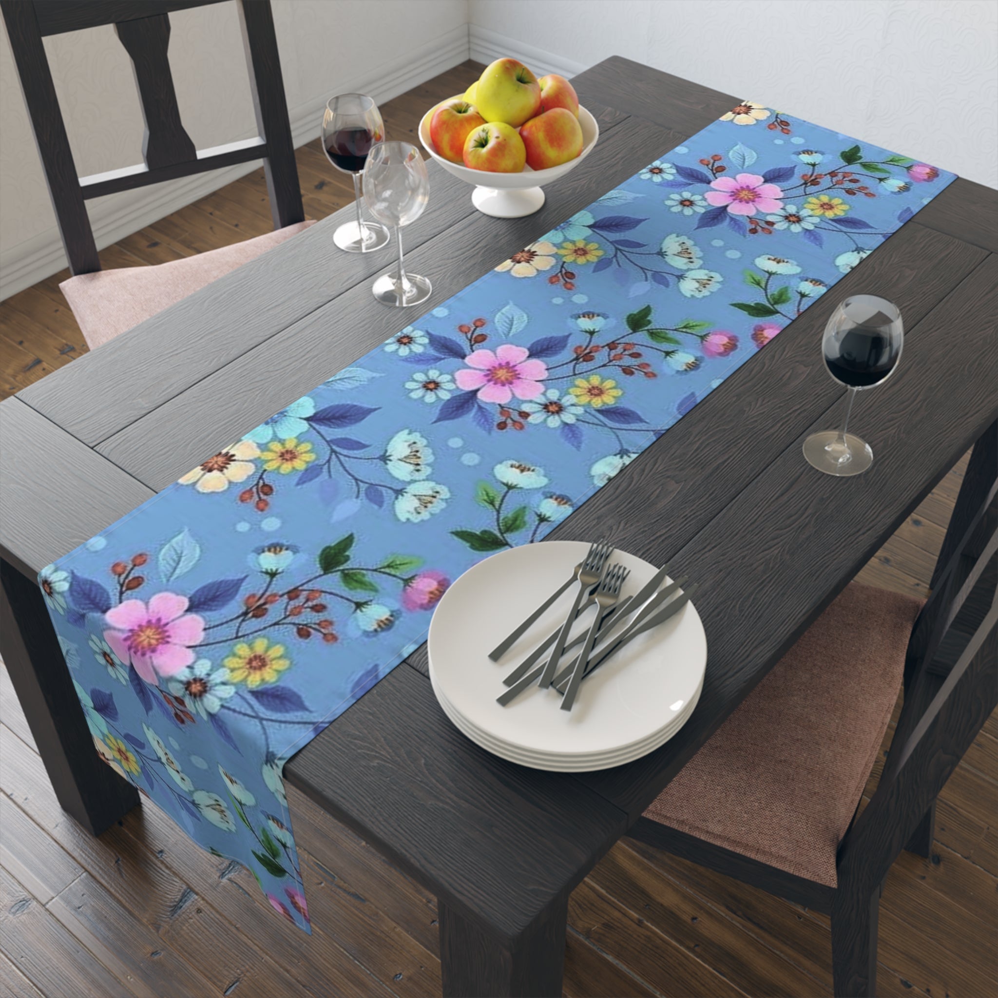 Blue Floral Table Runner – Spring Garden Cotton-Blend Dining Decor
