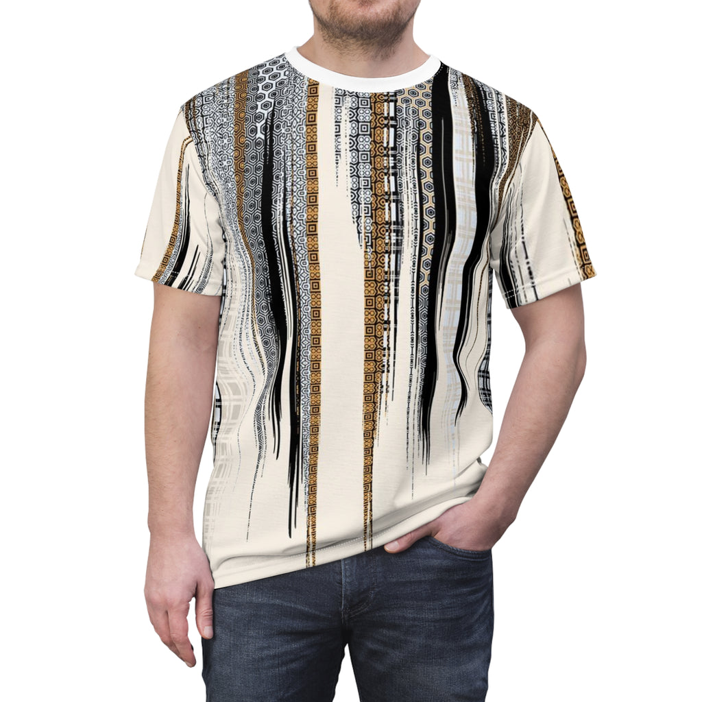 Abstract Neutral Stripe Tee — Modern Vertical Brushstroke All-Over Print