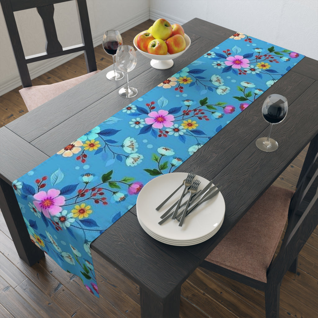 Blue Floral Table Runner – Spring Garden Cotton-Blend Dining Decor