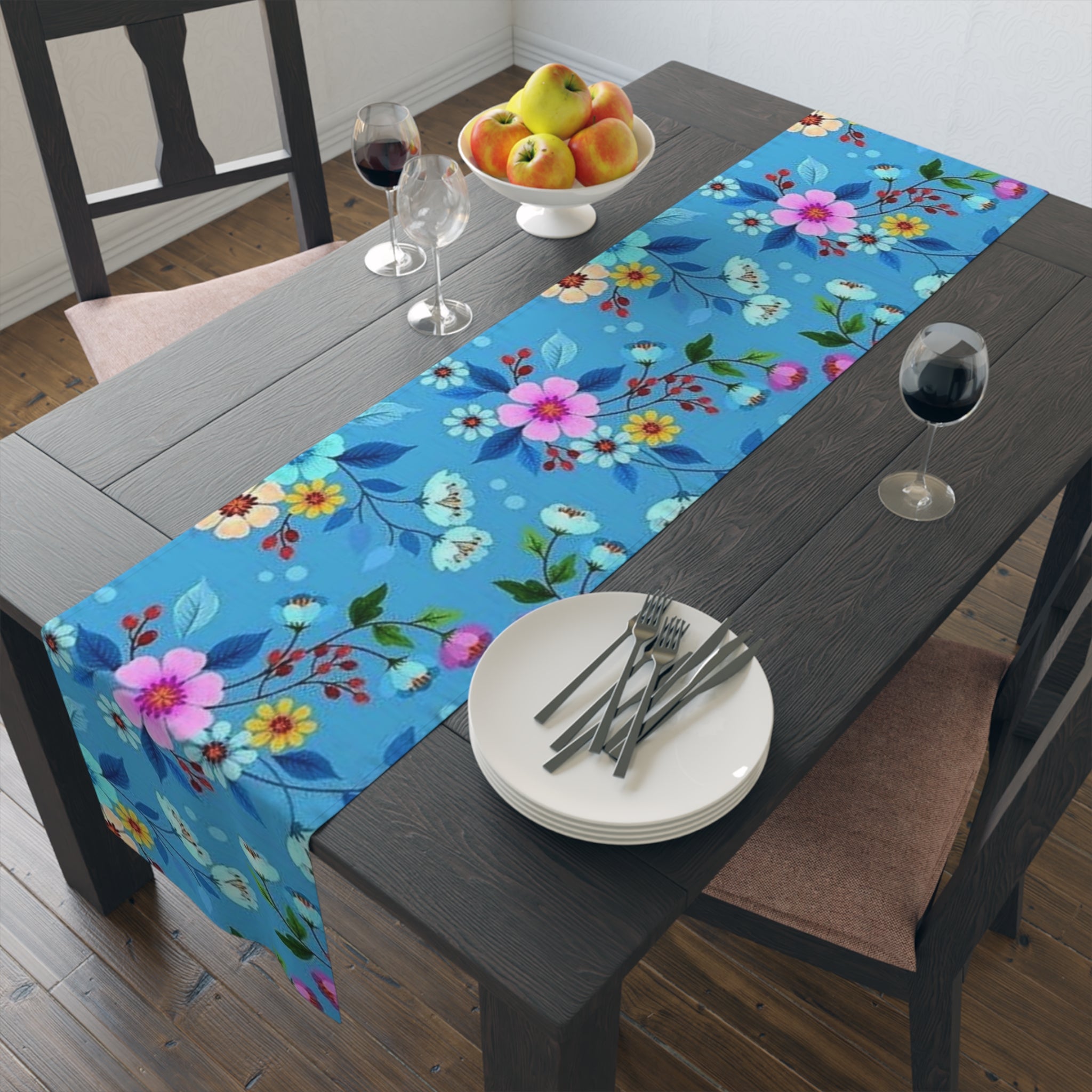 Blue Floral Table Runner – Spring Garden Cotton-Blend Dining Decor