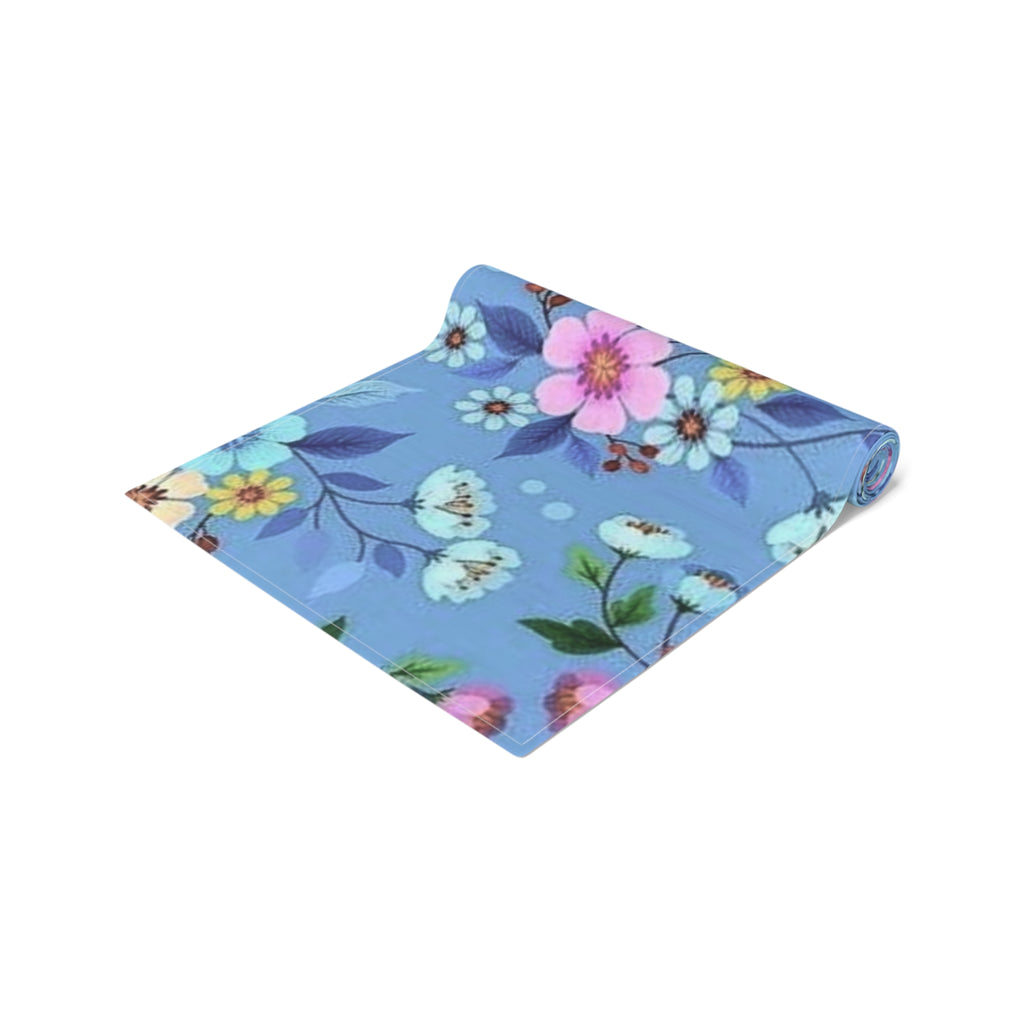Blue Floral Table Runner – Spring Garden Cotton-Blend Dining Decor