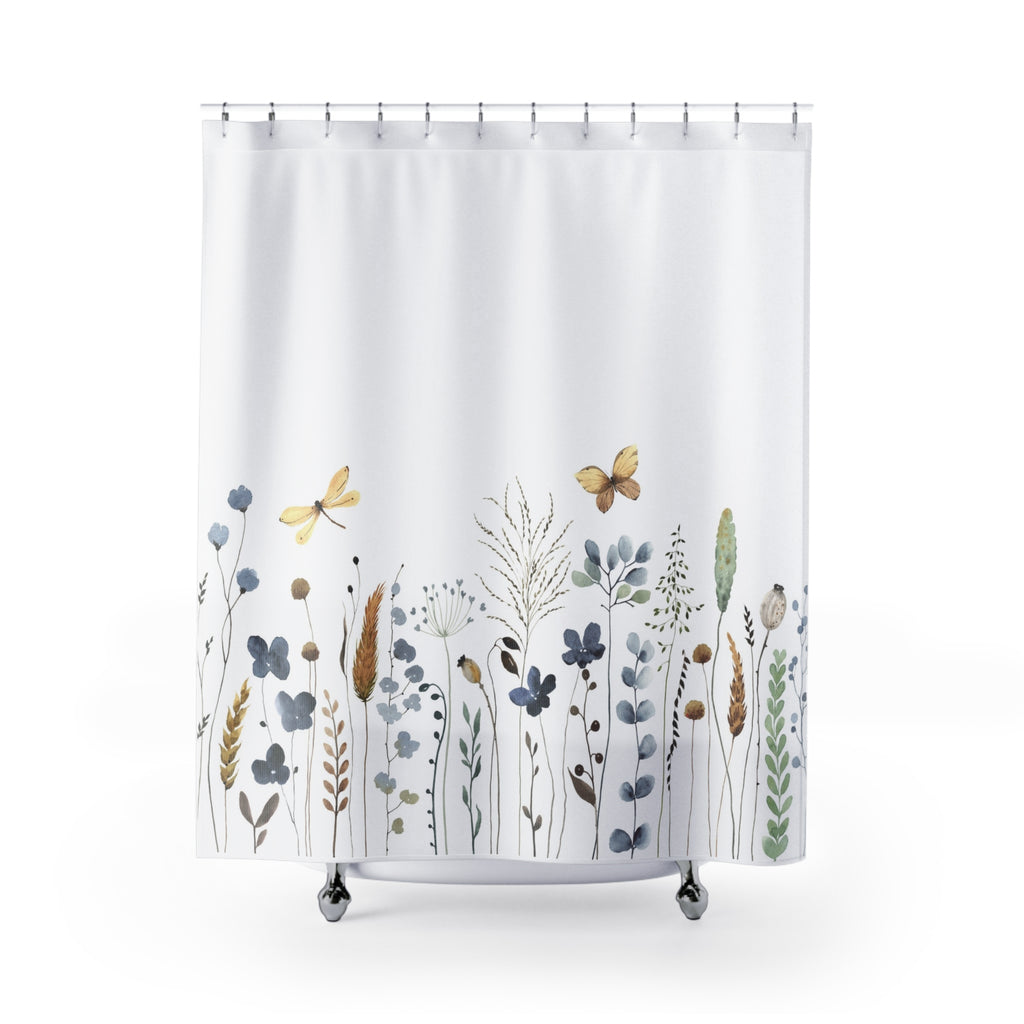 Botanical Meadow Shower Curtain — Watercolor Wildflowers & Butterflies