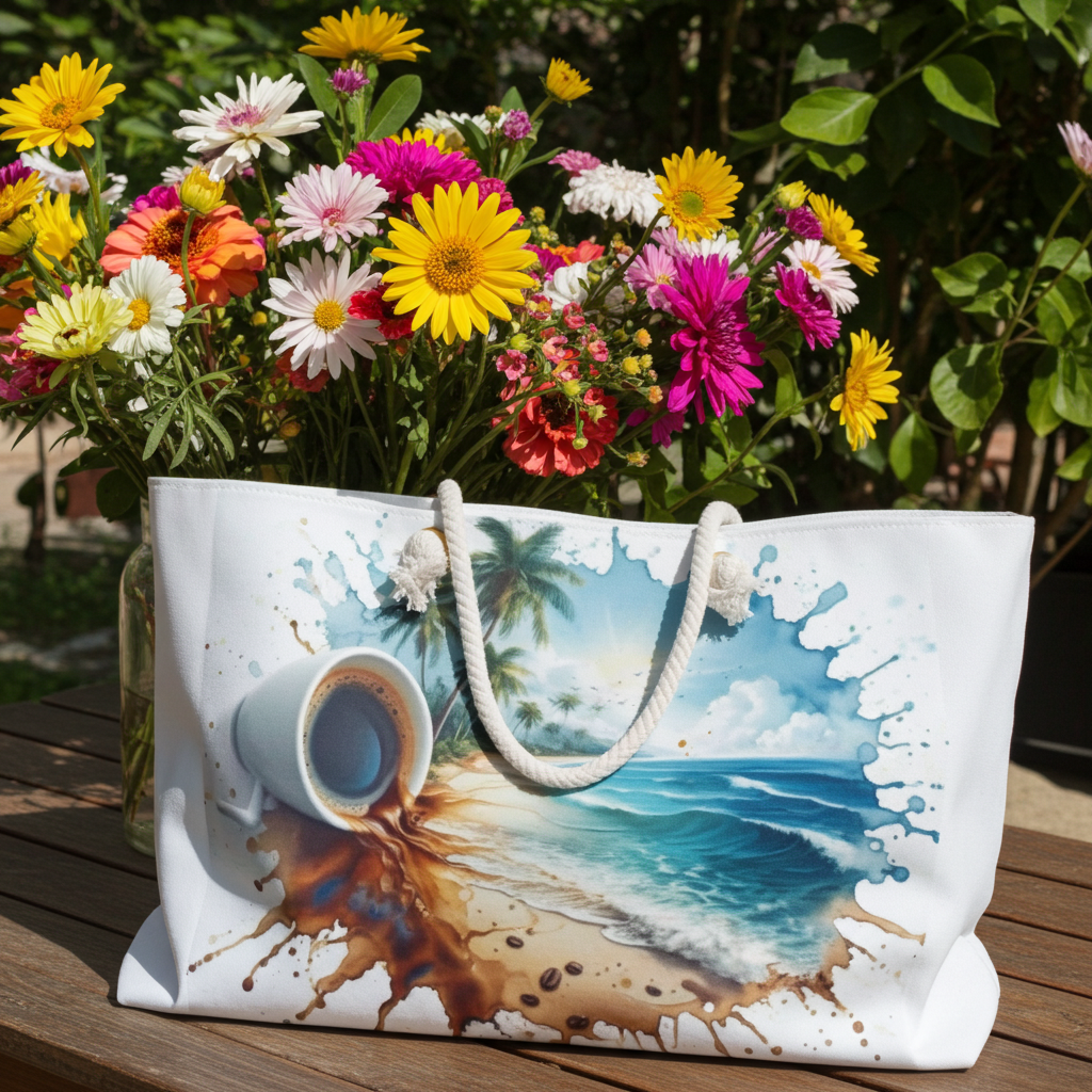 Beach Scene Weekender Bag — Coastal Coffee & Flip-Flop Travel Tote